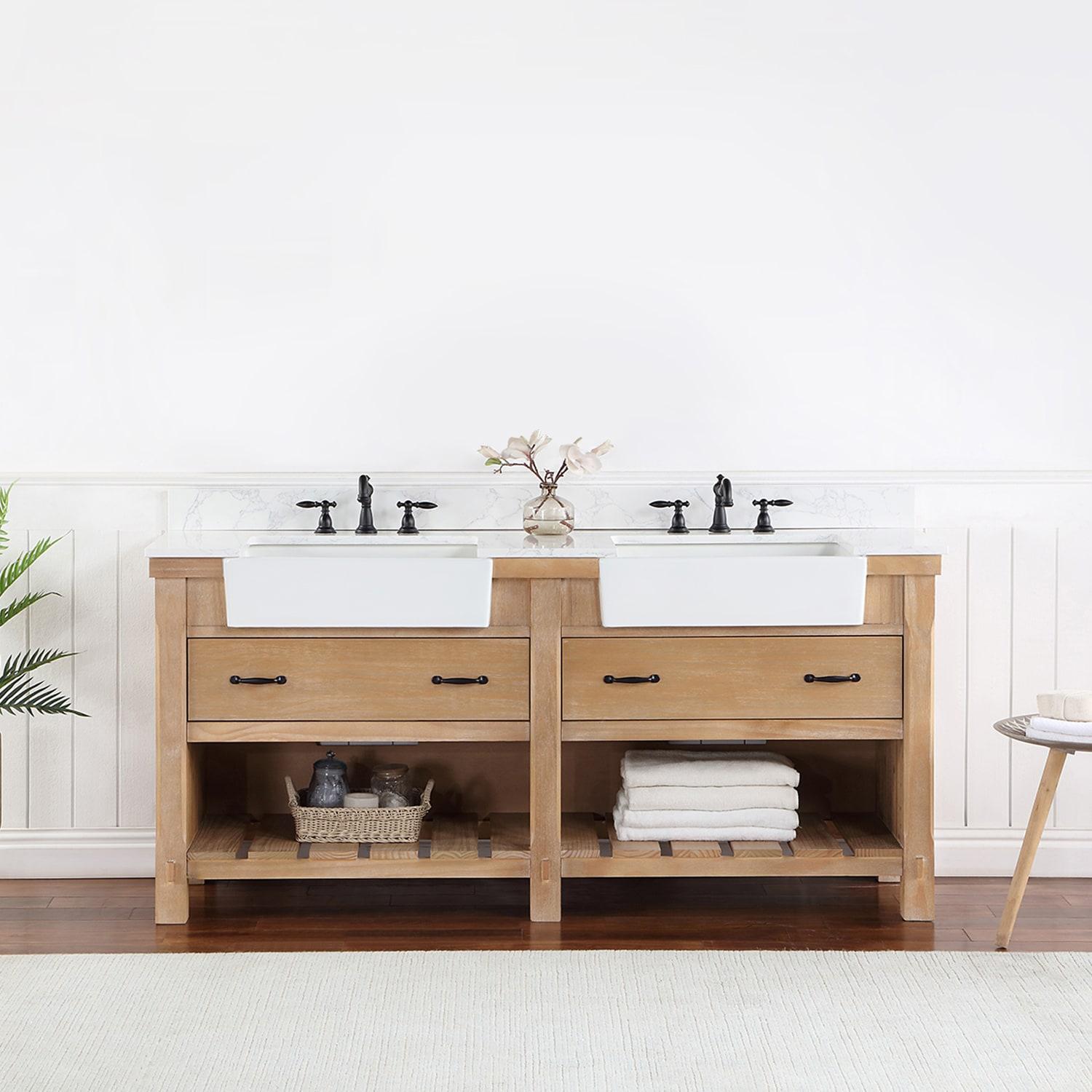 Villareal 72" Double White Farmhouse Basin Bath Vanity in Weathered Pine Wood