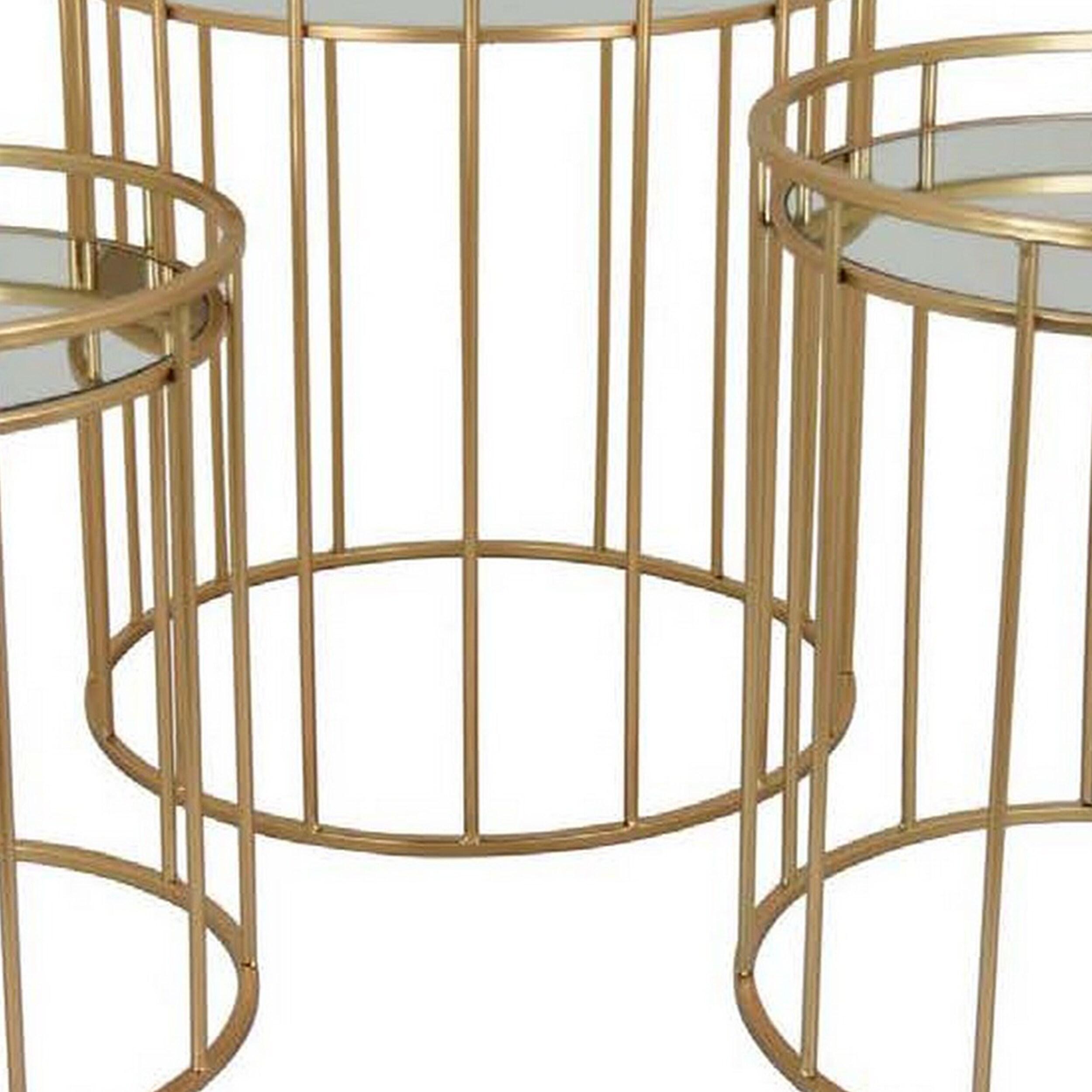 Benjara 20 Inch Plant Stand Table Set of 3, Gold Metal Frame, Mirror Tray Top