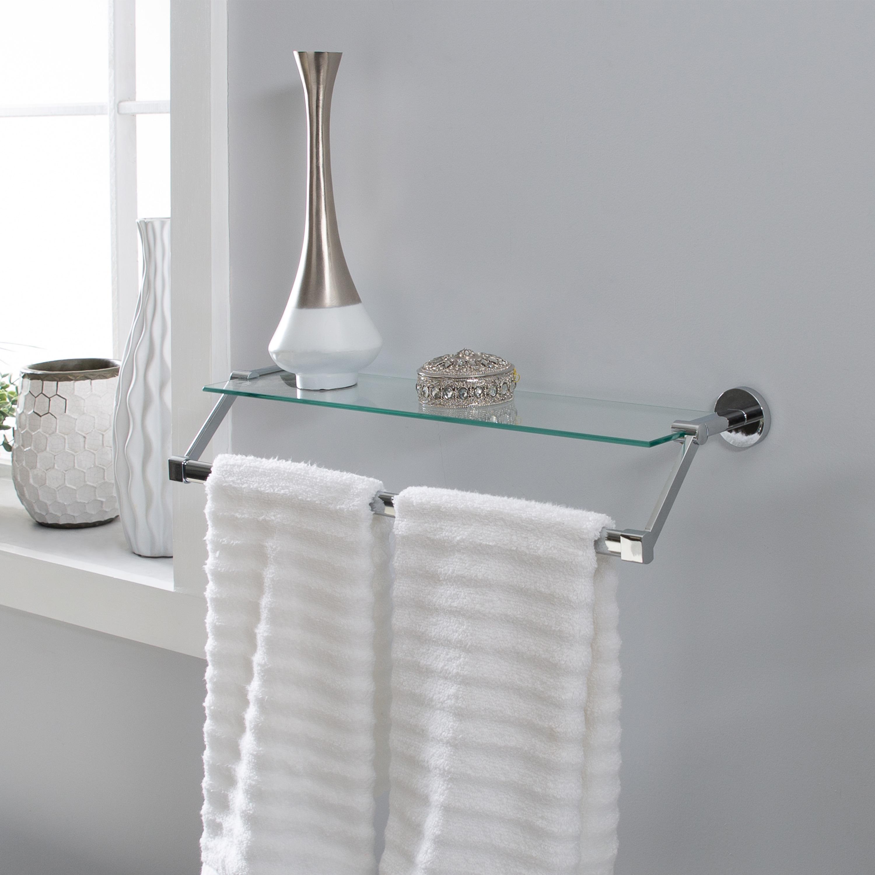 Mounted Glass Shelf with Towel Bar Chrome - Organize It All: Wall-Mounted Storage, Metal Frame, No Tools Assembly