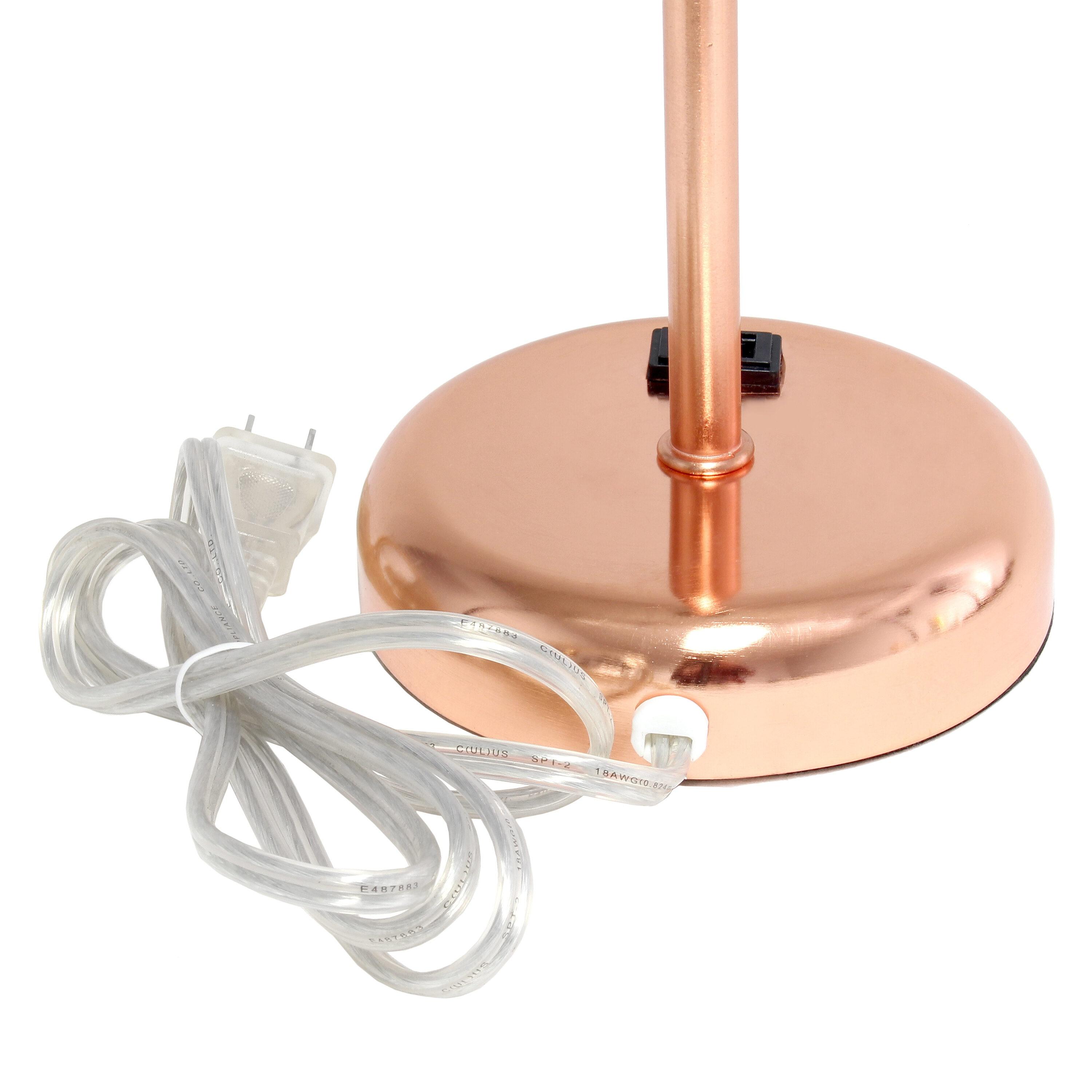 Creekwood Home 19.5" Bedside Power Outlet Base Metal Table Desk Lamp in Rose Gold with White Fabric Shade: ETL Listed, No Assembly Required