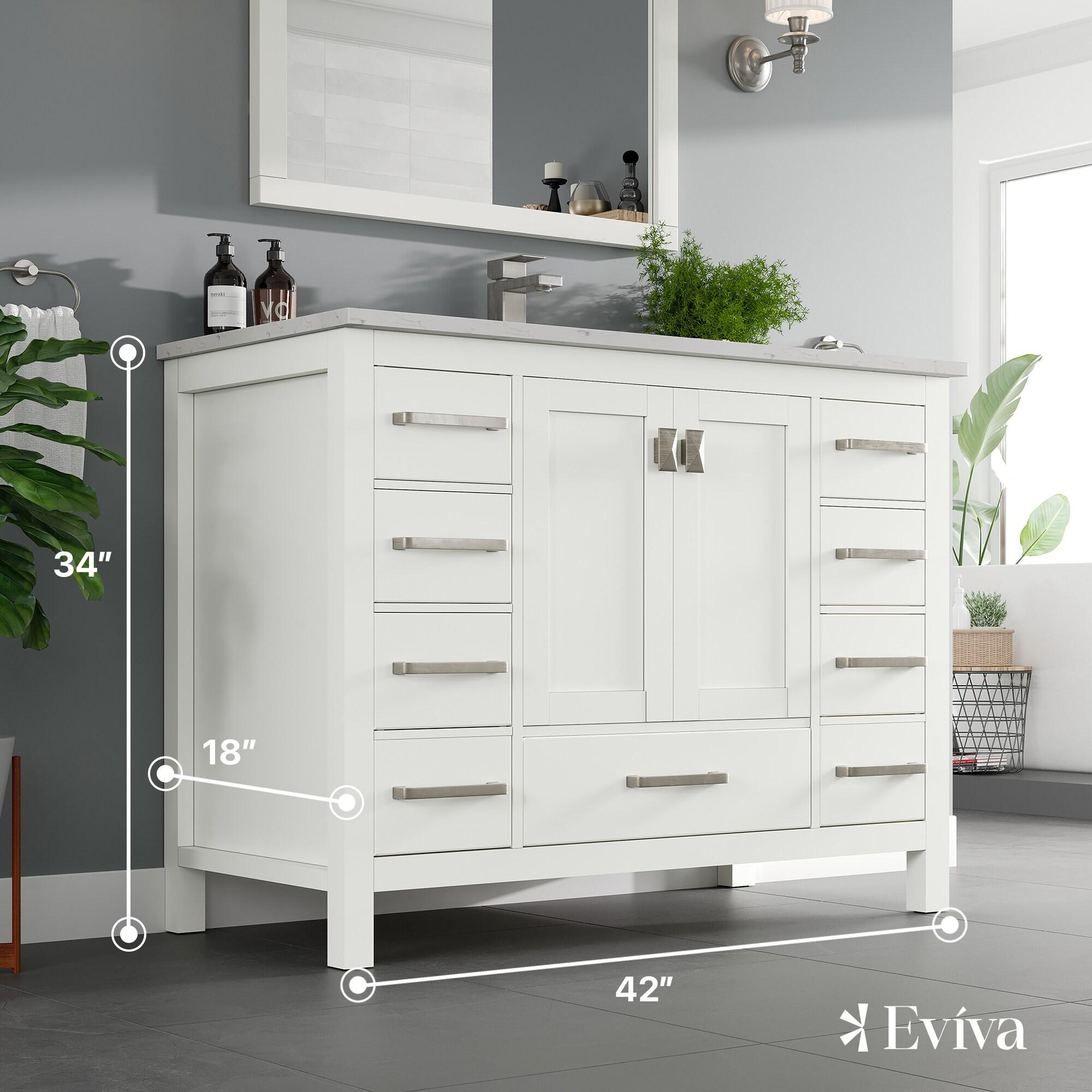 Eviva London 42"W x 18"D White Bathroom Vanity with White Carrara Quartz Countertop and Undermount Porcelain Sink