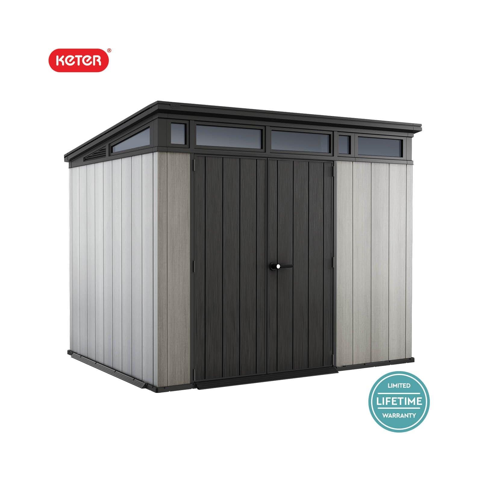Keter Keter Artisan 9x7 ft. Modern Durable Resin Outdoor Storage Shed With Floor and Double Doors for Garden Patio Furniture and Tools, Grey