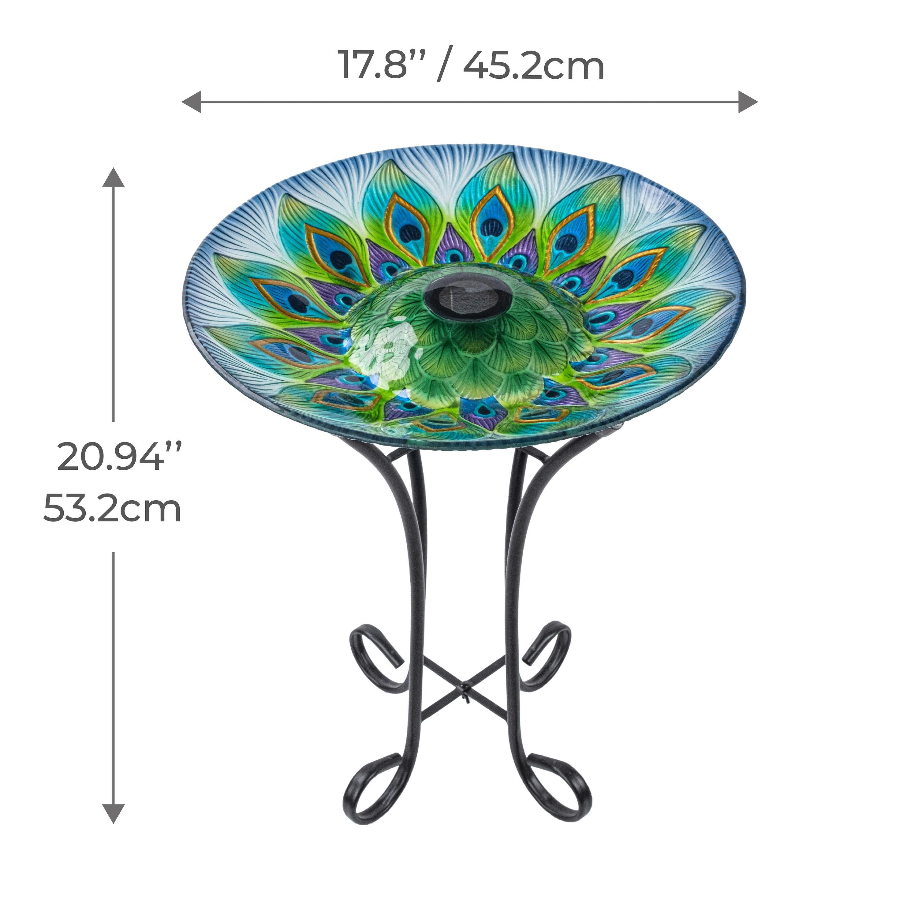 Peacock Design Blue and Green Glass Birdbath with Solar Light