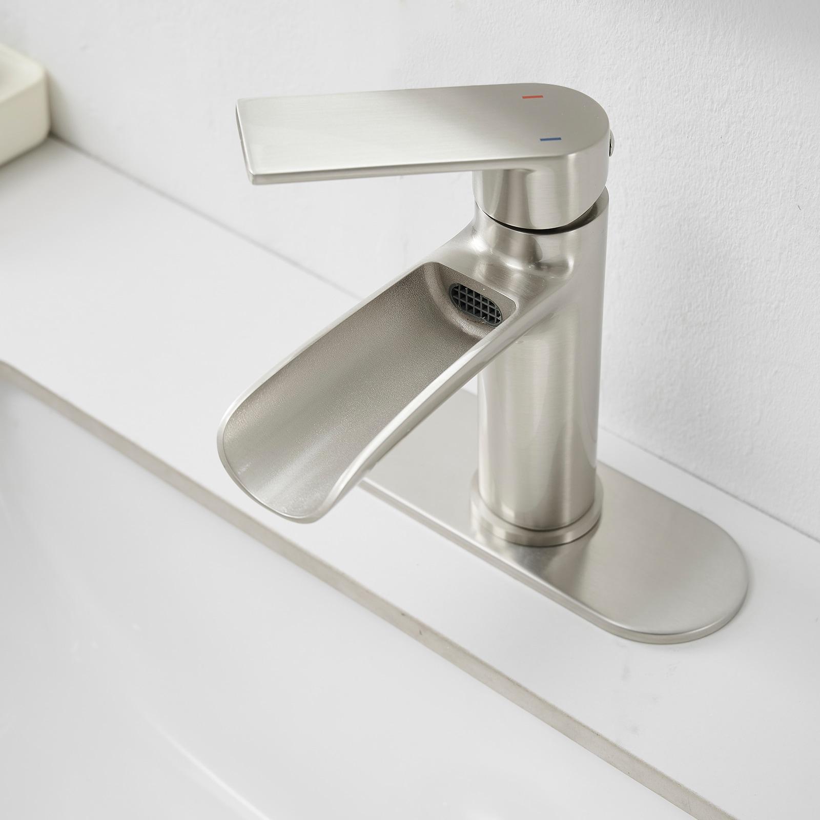 BWE Bathroom Faucets Waterfall Bathroom Faucet with Pop Up Drain for Bathroom Sink Single Hole Farmhouse RV Bathroom Basin Faucet Brushed Nickel