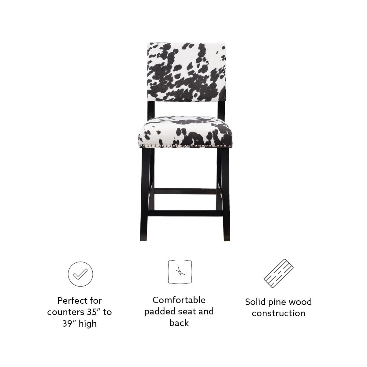Linon Corey Black Cow Print Upholstery Counter Height Barstool Black/White: Farmhouse Style, Wood Frame, Footrest