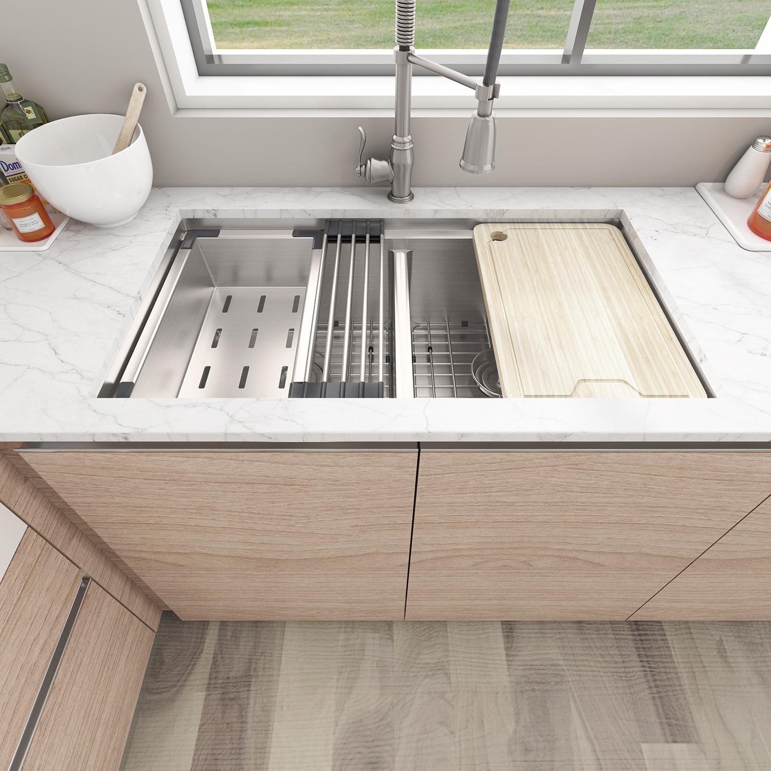 Sinber 33" Undermount Double Bowl Workstation Kitchen Sink with 304 Stainless Steel