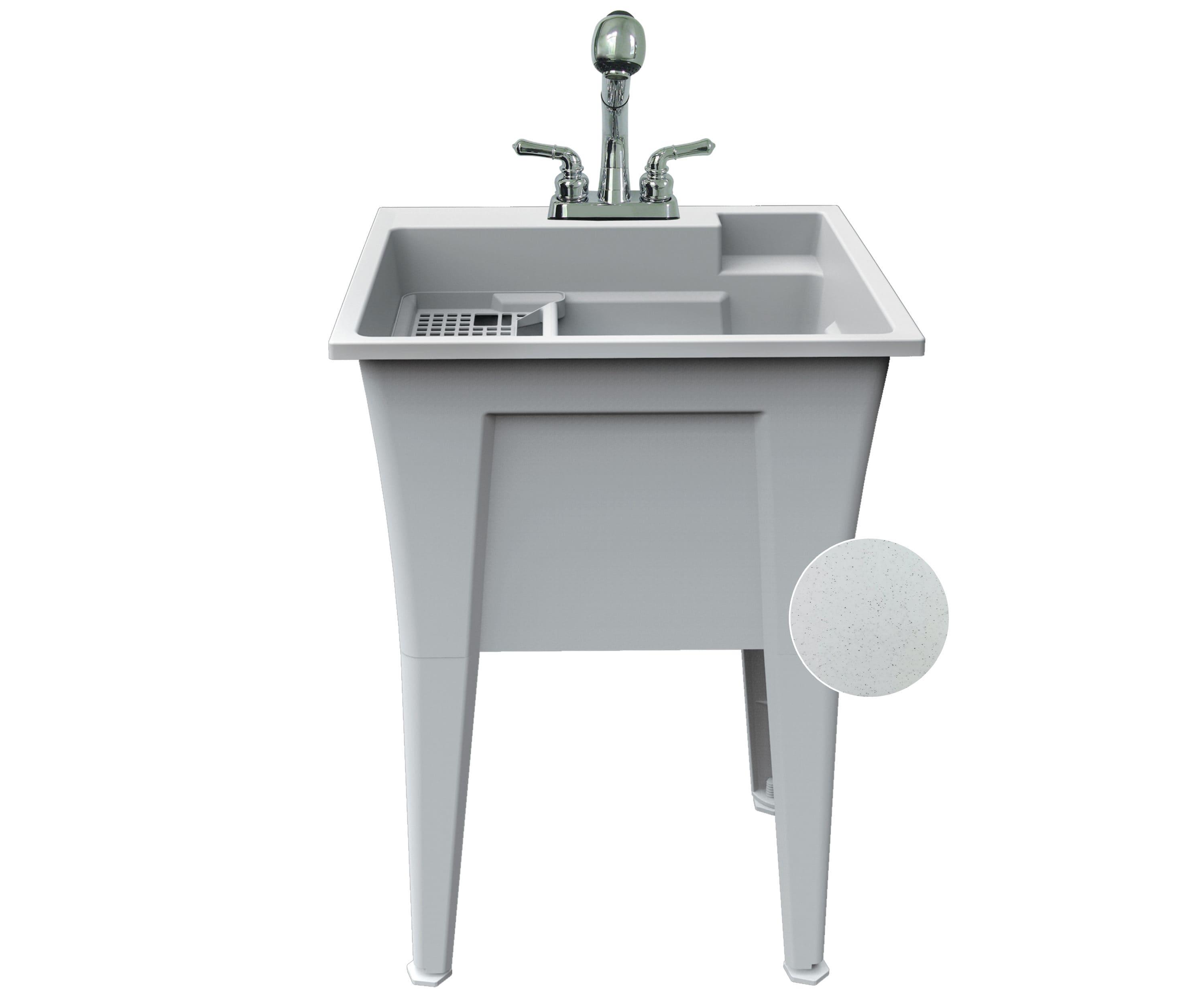 White Stone Freestanding Laundry Sink with Chrome Faucet