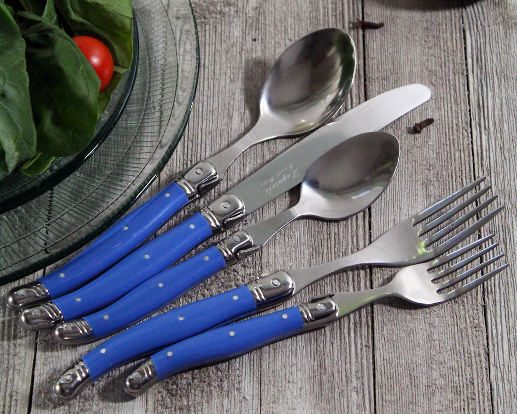 20pc Stainless Steel Laguiole Flatware Set Blue - French Home: Forks Spoons Knives Set, Dishwasher-Safe, Ergonomic Grip