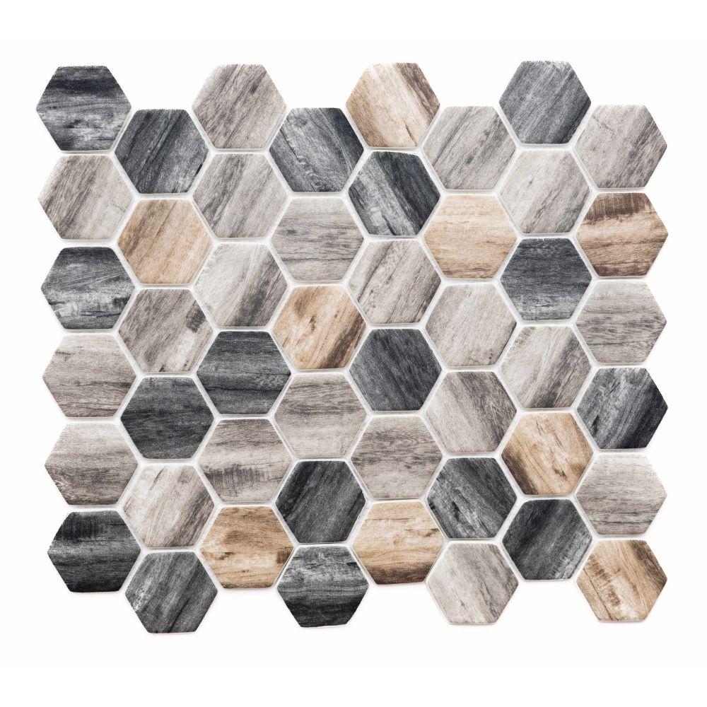 Greige Hexagon Recycled Glass Mosaic Wall Tile Sheet