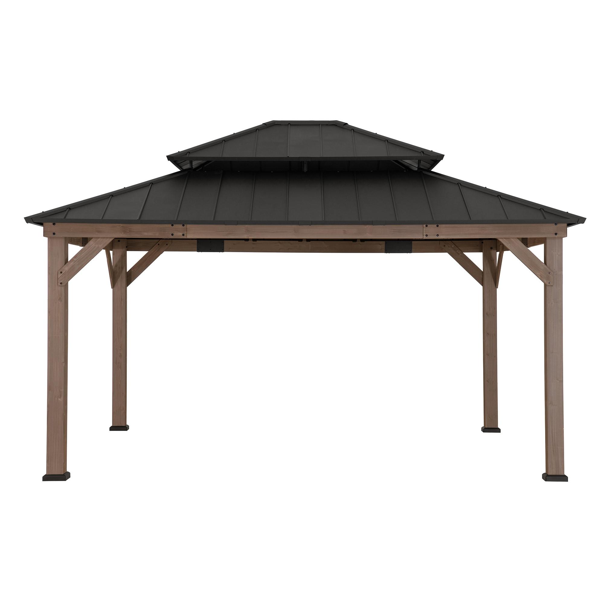 Sunjoy Sunjoy 13 x 15 ft. Wood Gazebo, Outdoor Patio Steel Hardtop Gazebo, Cedar Framed Wooden Gazebo with 2-Tier Metal Roof, Suitable for Patios, Lawn and Backyard