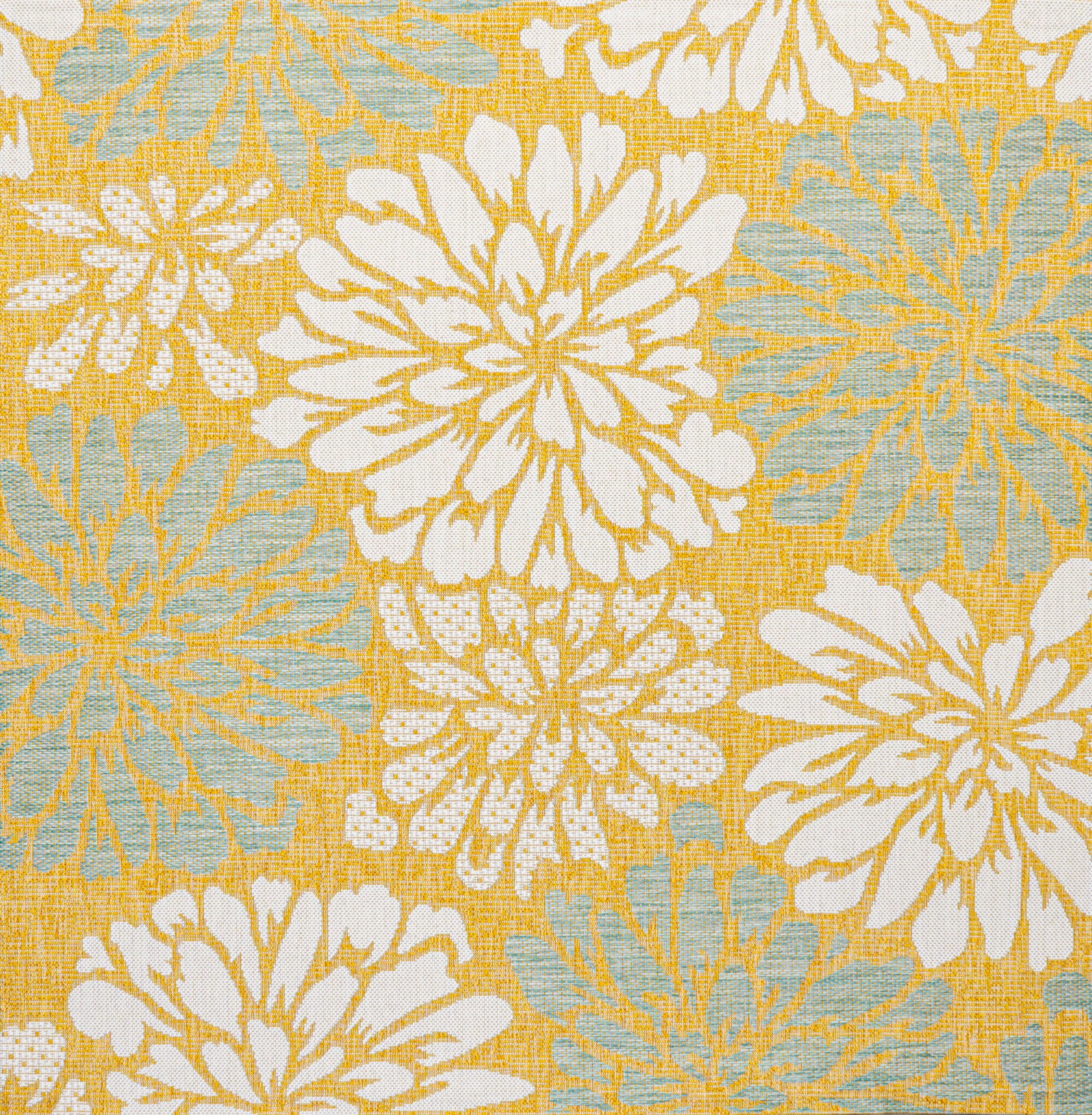 5' x 5' Zinnia Modern Floral Textured Weave Indoor/Outdoor Area Rug, Yellow/Cream - JONATHAN Y