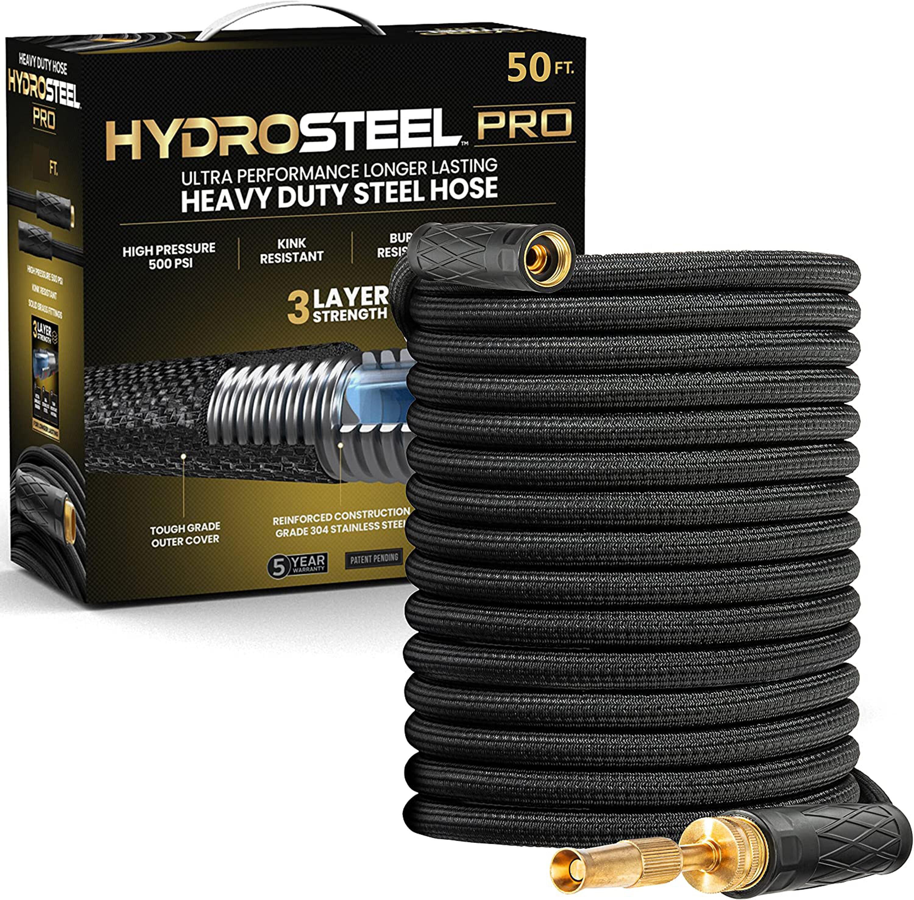 Hydrosteel Pro 50 Ft Heavy-Duty Flexible Lightweight 304 Stainless Steel Metal Water Hose with Brass Nozzle