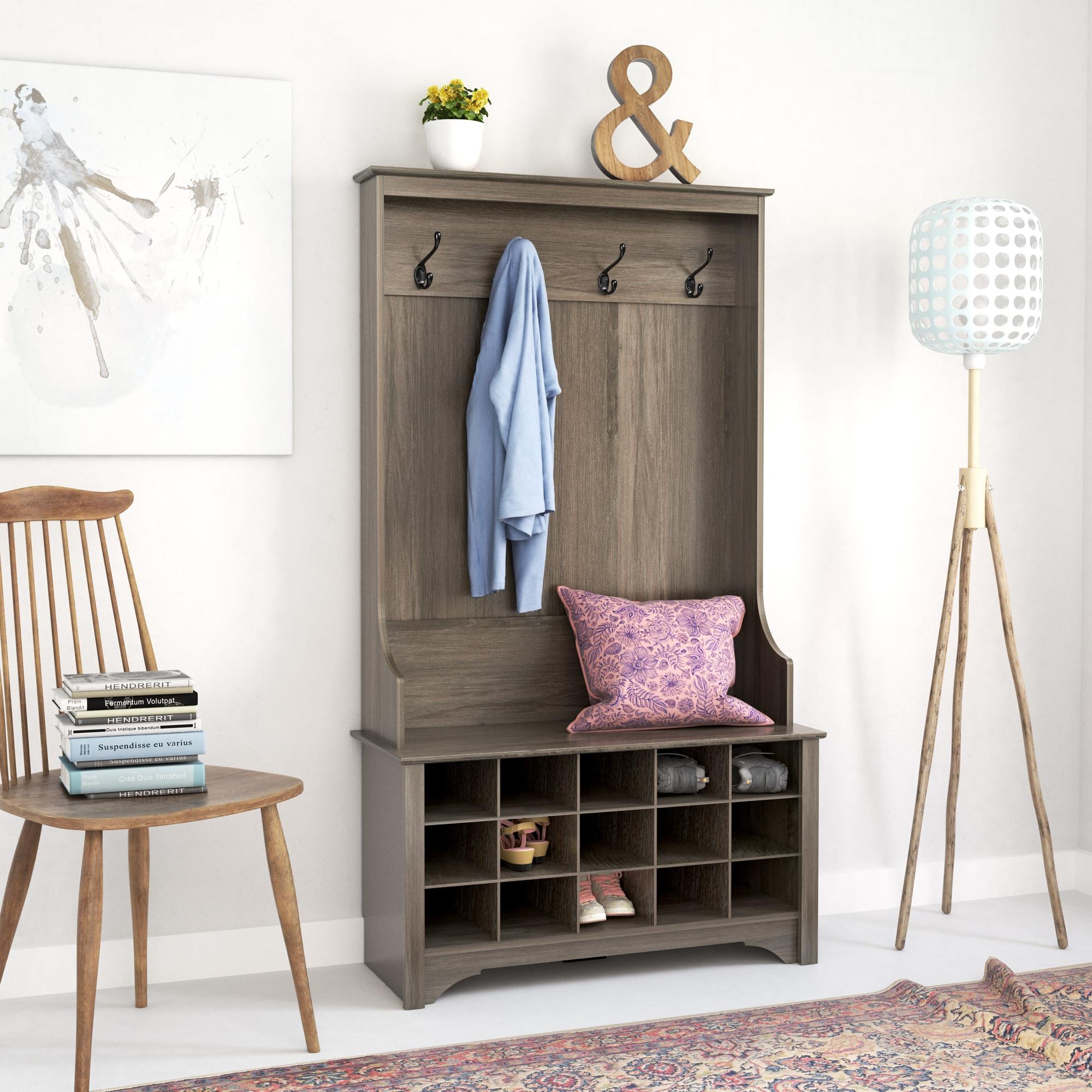 Prepac Hall Tree with Shoe Storage Drifted Gray : Entryway Organizer, Mudroom Bench, 4 Hooks, 15 Cubbies