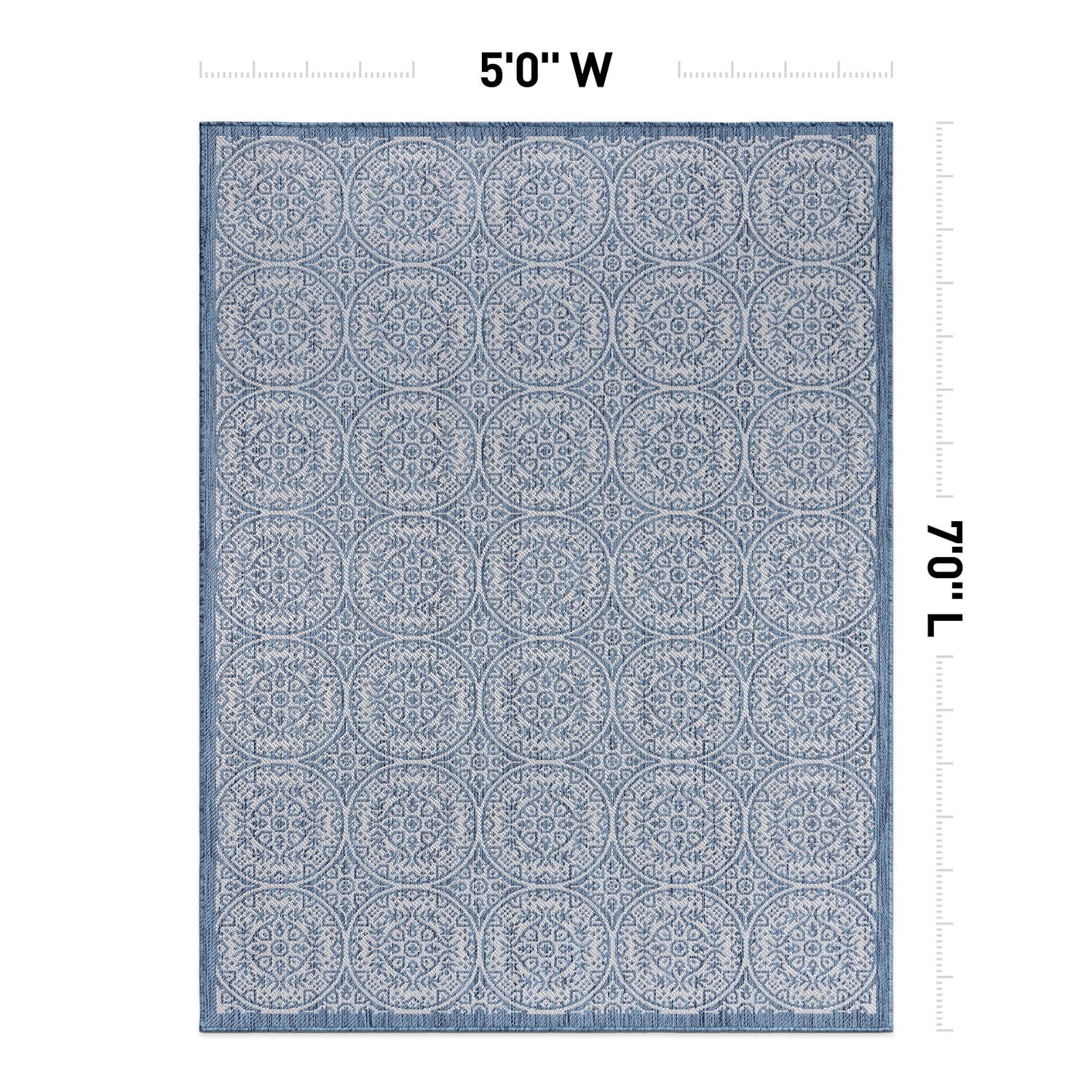 World Rug Gallery Transitional Floral Circles Textured Flat Weave Indoor/Outdoor Area Rug - BLUE 5' X 7'