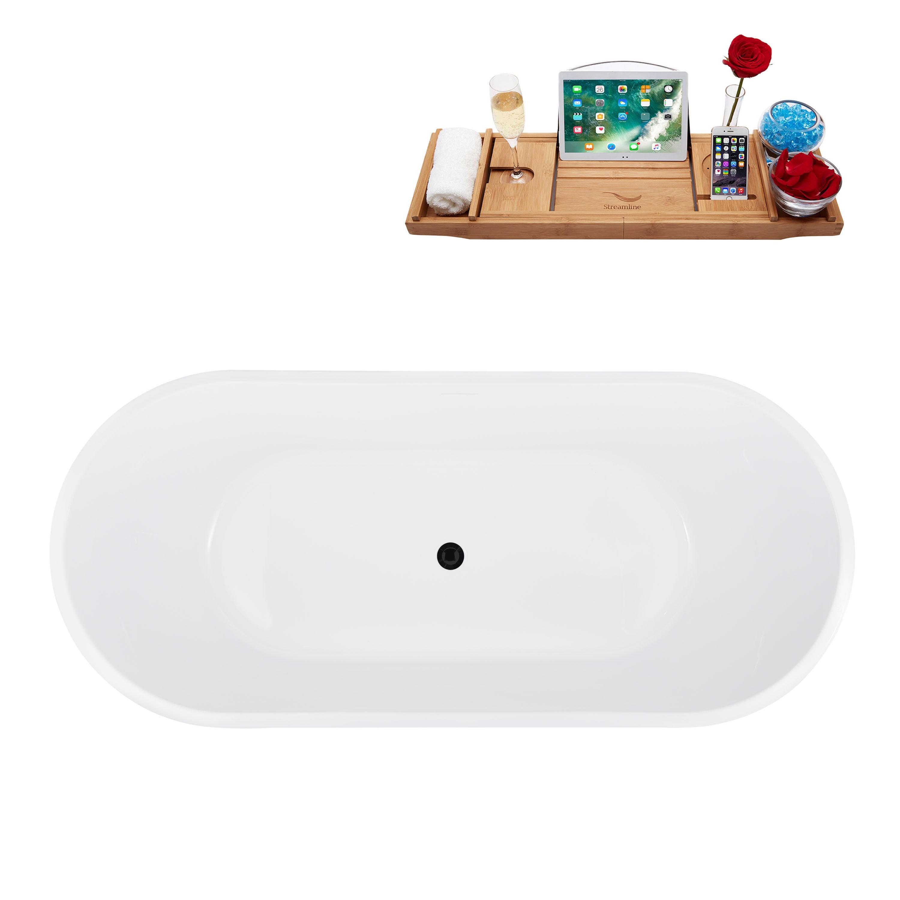 70-Inch Glossy White Acrylic Freestanding Bathtub with Matte Black Drain