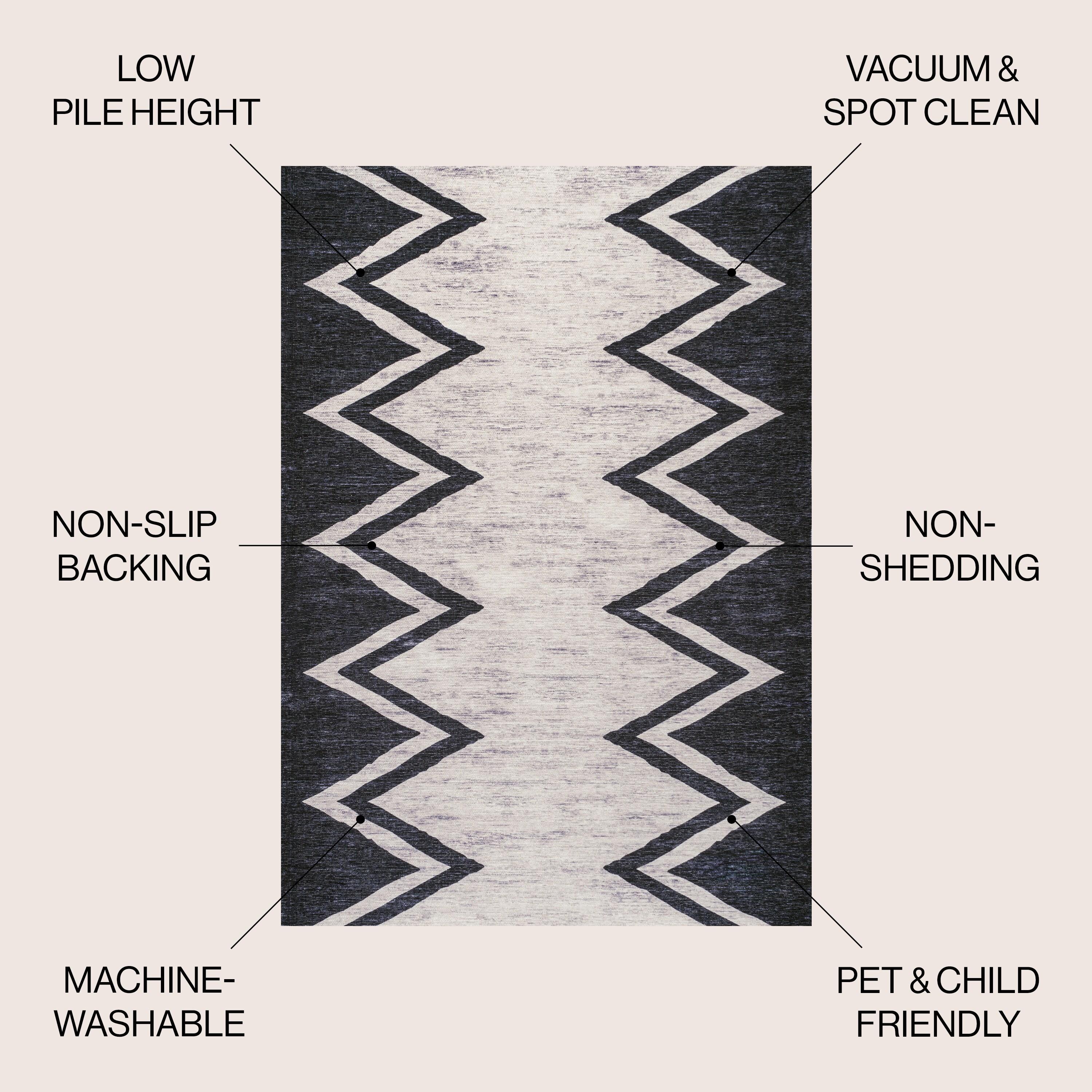 3' x 5' Siksak Modern Chevron Border Machine-Washable Area Rug, Ivory/Black - JONATHAN Y