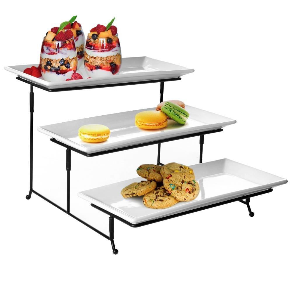 Gibson Elite Porcelain Gracious Serving Plate Set with Metal Stand: Tiered Cupcake & Serving Tray, Rectangle