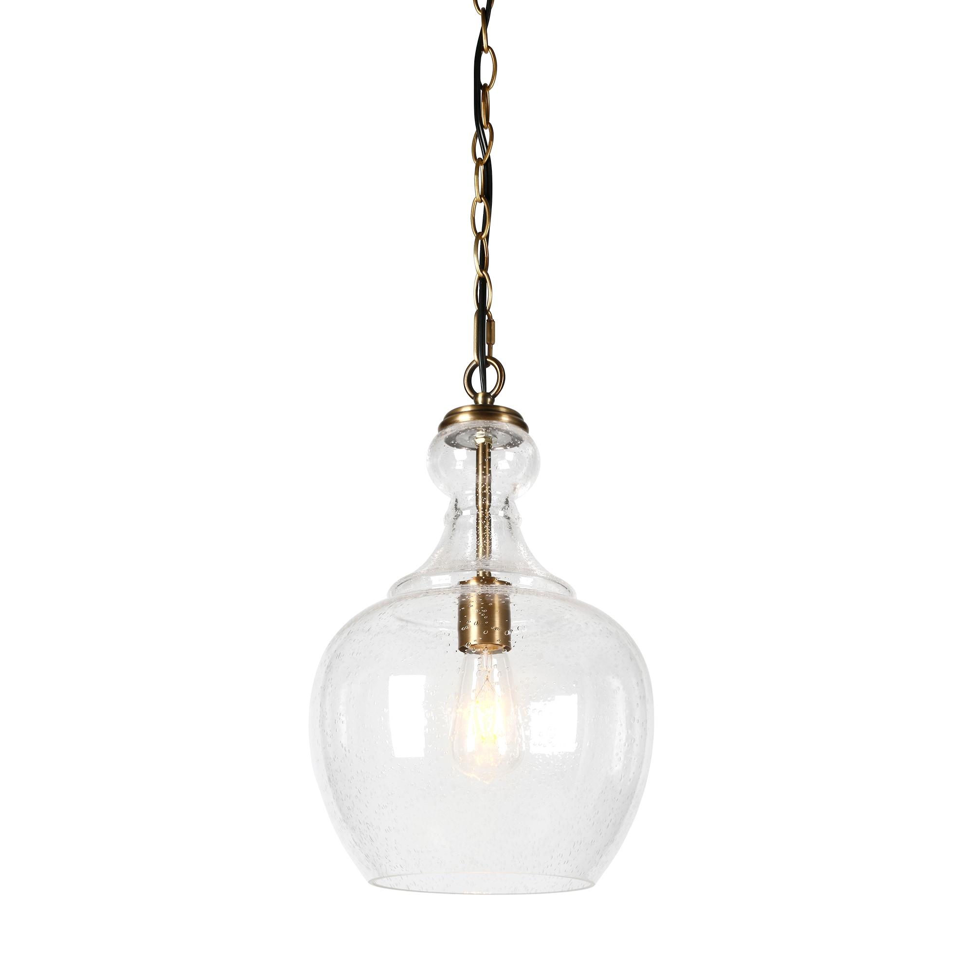Henn&Hart 11" Wide Pendant with Glass Shade in Brass/Seeded, Pendant, Flush Mount Ceiling Light Fixture for Kitchen, Living Room