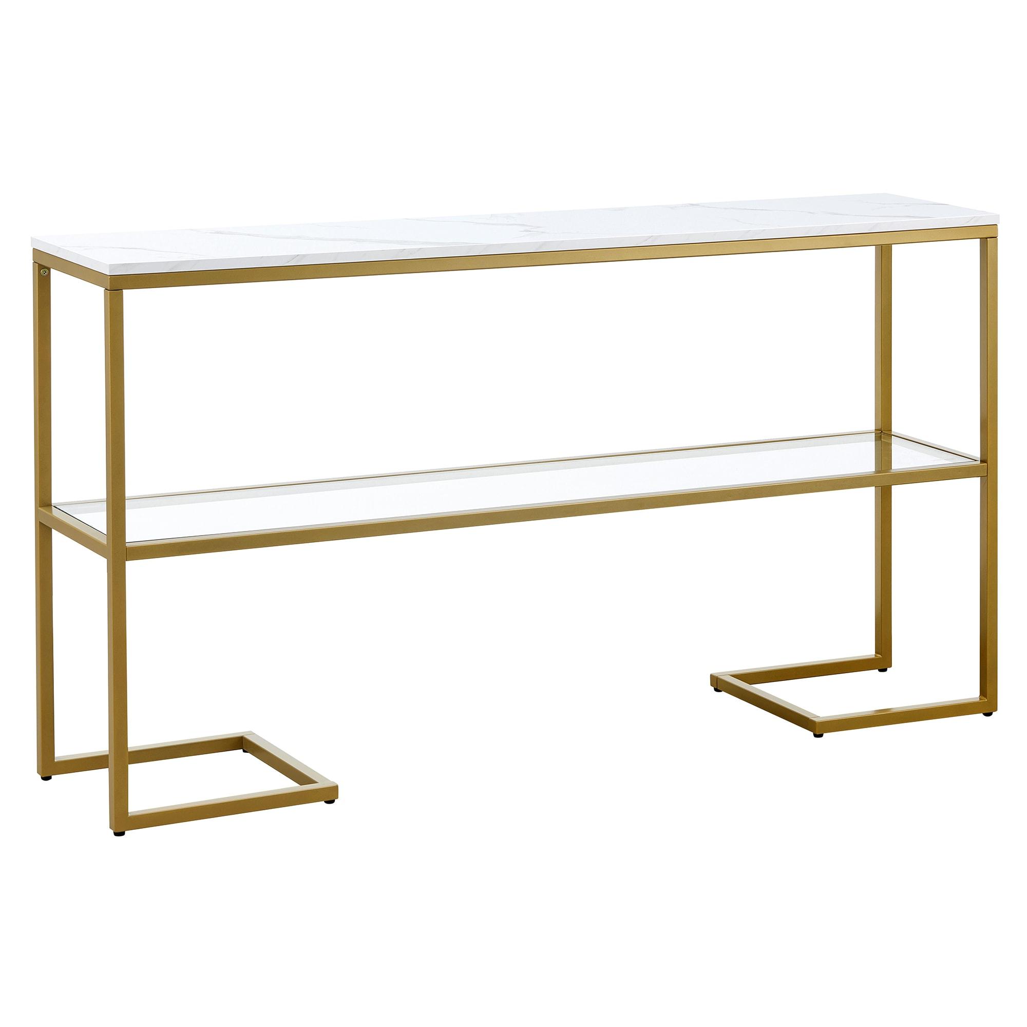 Evelyn&Zoe Errol 55" Wide Rectangular Console Table with Faux Marble Top, Gold