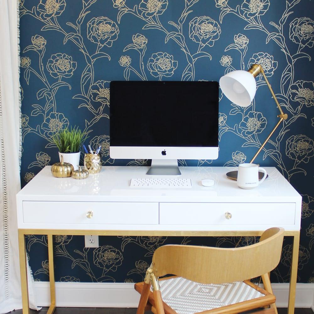 Tempaper & Co.® Peonies Removable Peel and Stick Wallpaper, Peacock Blue and Metallic Gold Floral, 28 sq. ft.: Vinyl Self-Adhesive