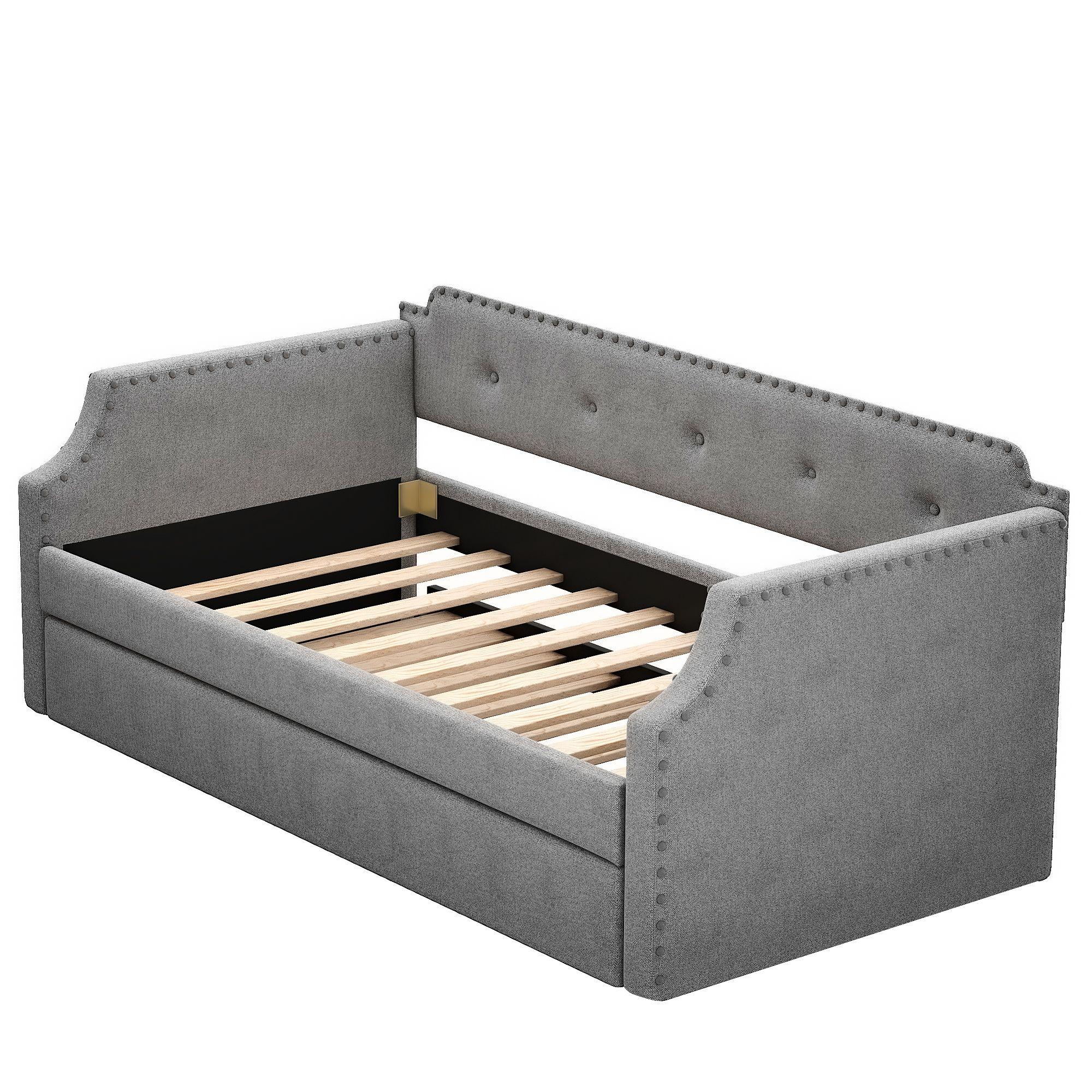 Gray Twin Upholstered Daybed with Trundle and Nailhead Trim