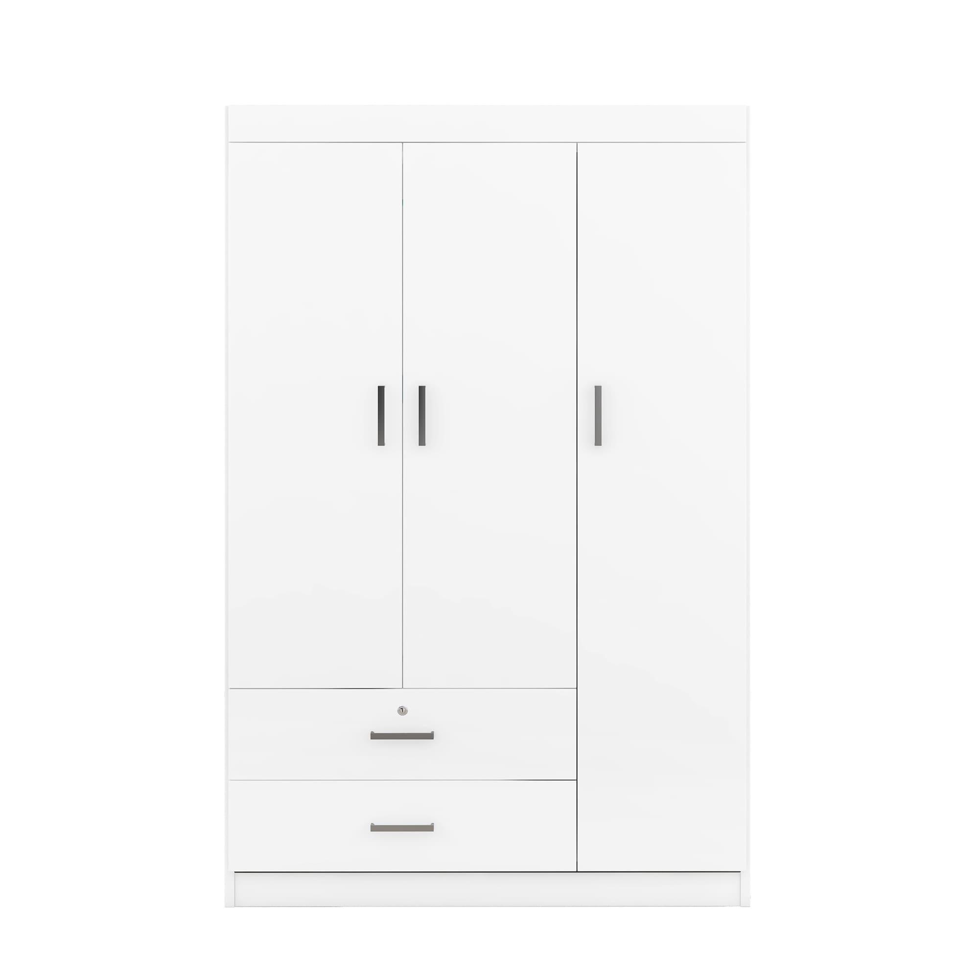 Harper & Bright Designs Large 3 Doors Wardrobe Closet with 2 Drawer and Hanging Rail, Bedroom Clothes Storage Cabinet Organizer, White