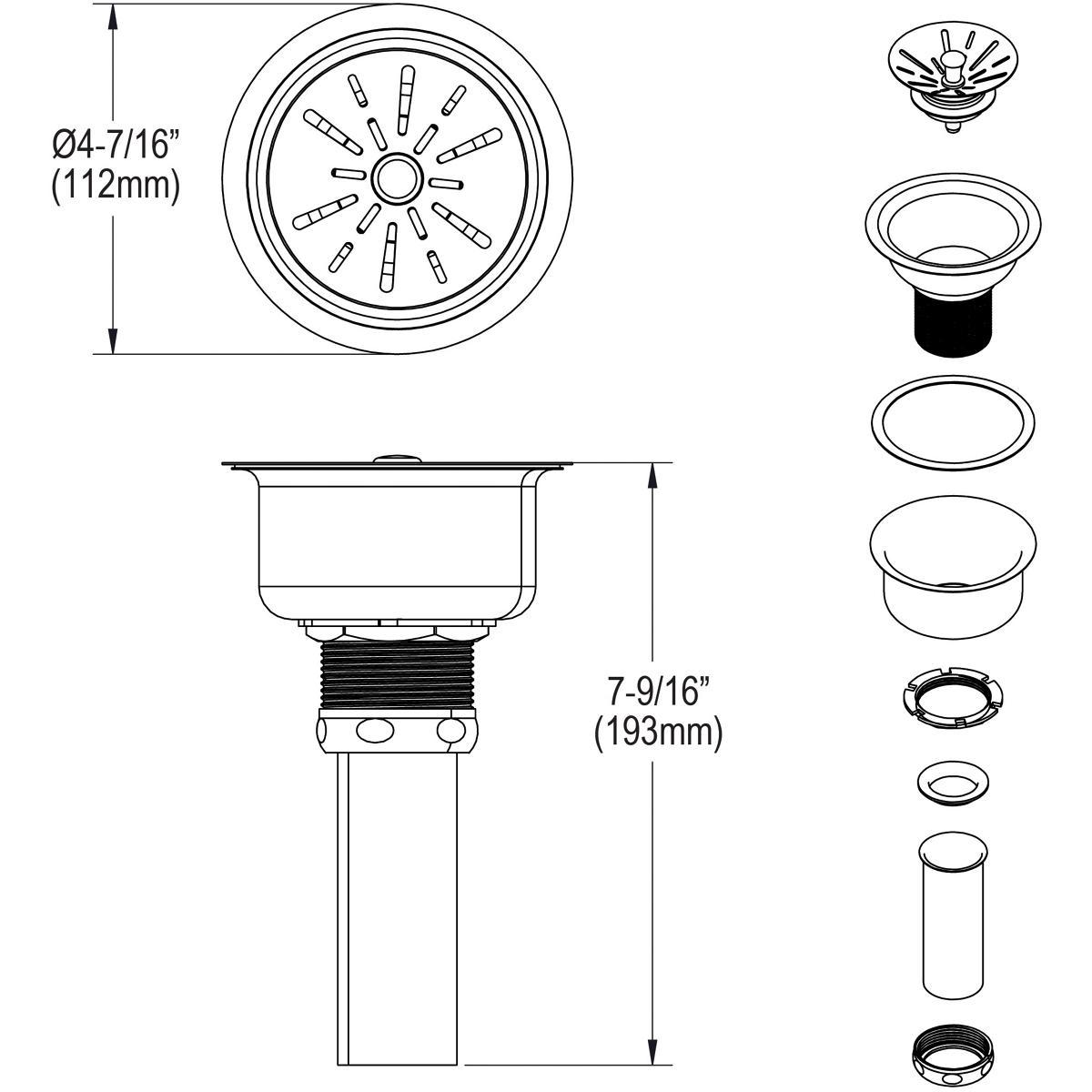 Elkay LK99S Deluxe 3-1/2" Drain with Satin Finish Type 304, Stainless Steel Body Strainer Basket Rubber Seal and Tailpiece