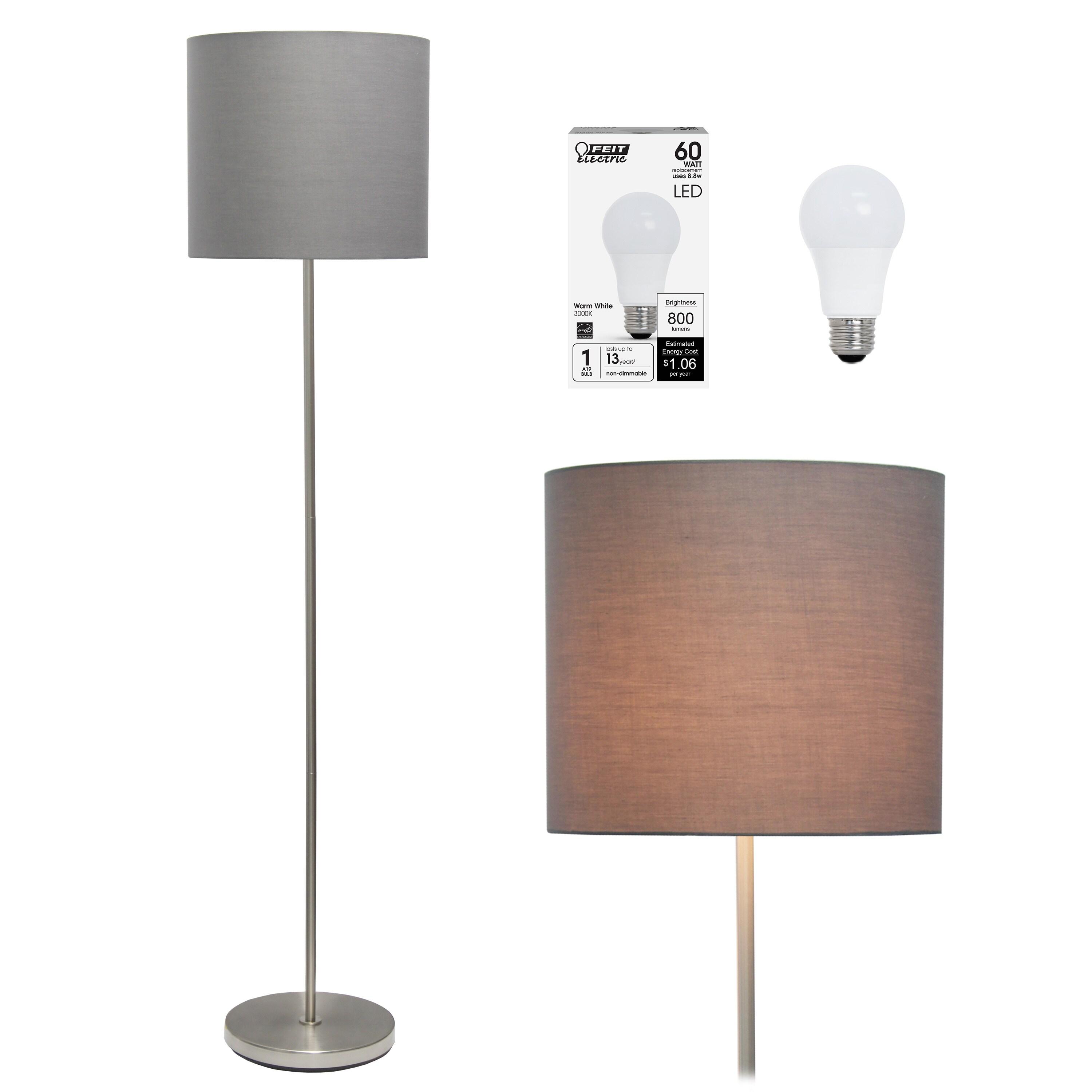 Simple Designs Drum Shade Floor Lamp Gray : Brushed Nickel Finish, Cotton Shade, ETL Listed, Modern Decor