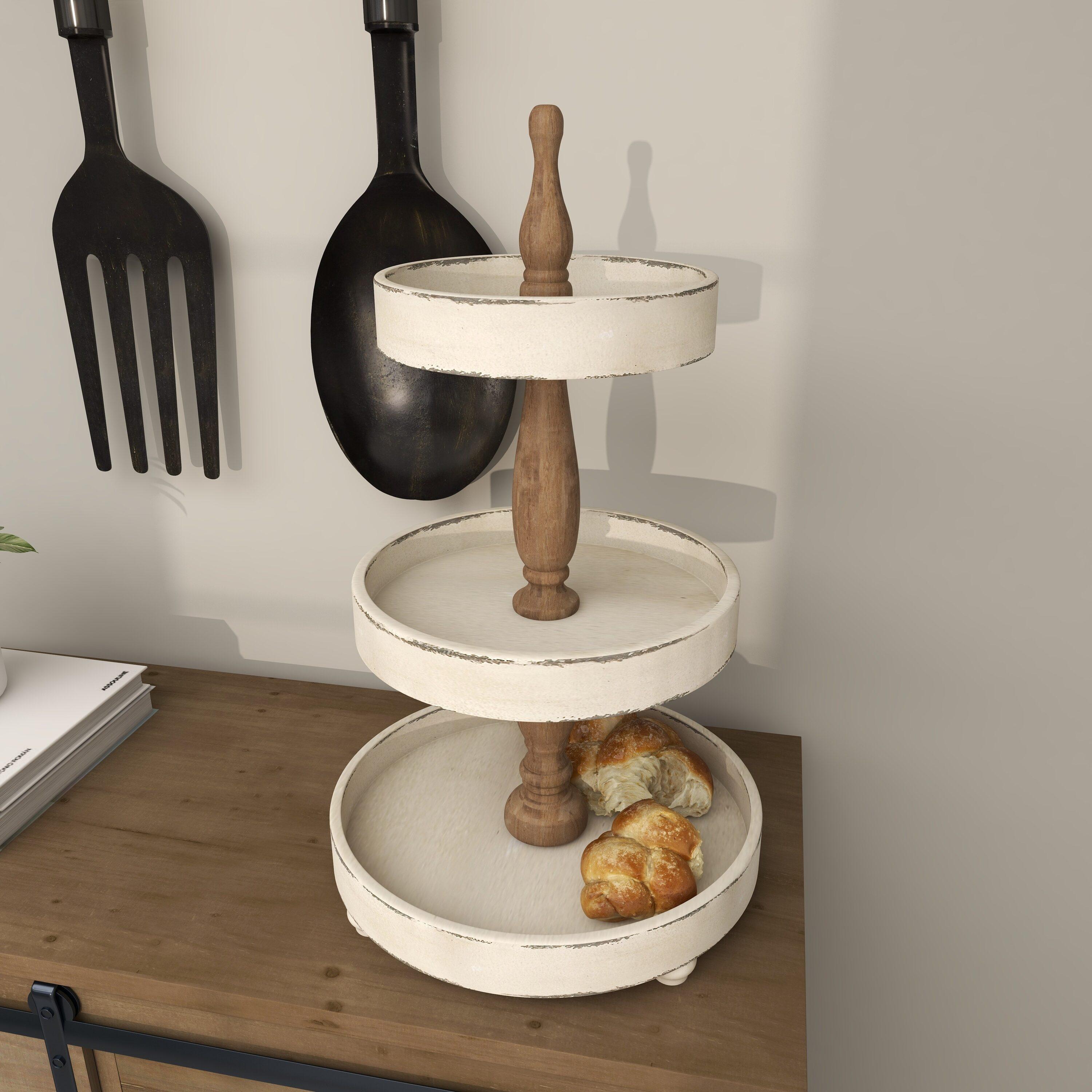 3 Tier Round Distressed Natural Wood Farmhouse Style Serving Trays - Olivia & May