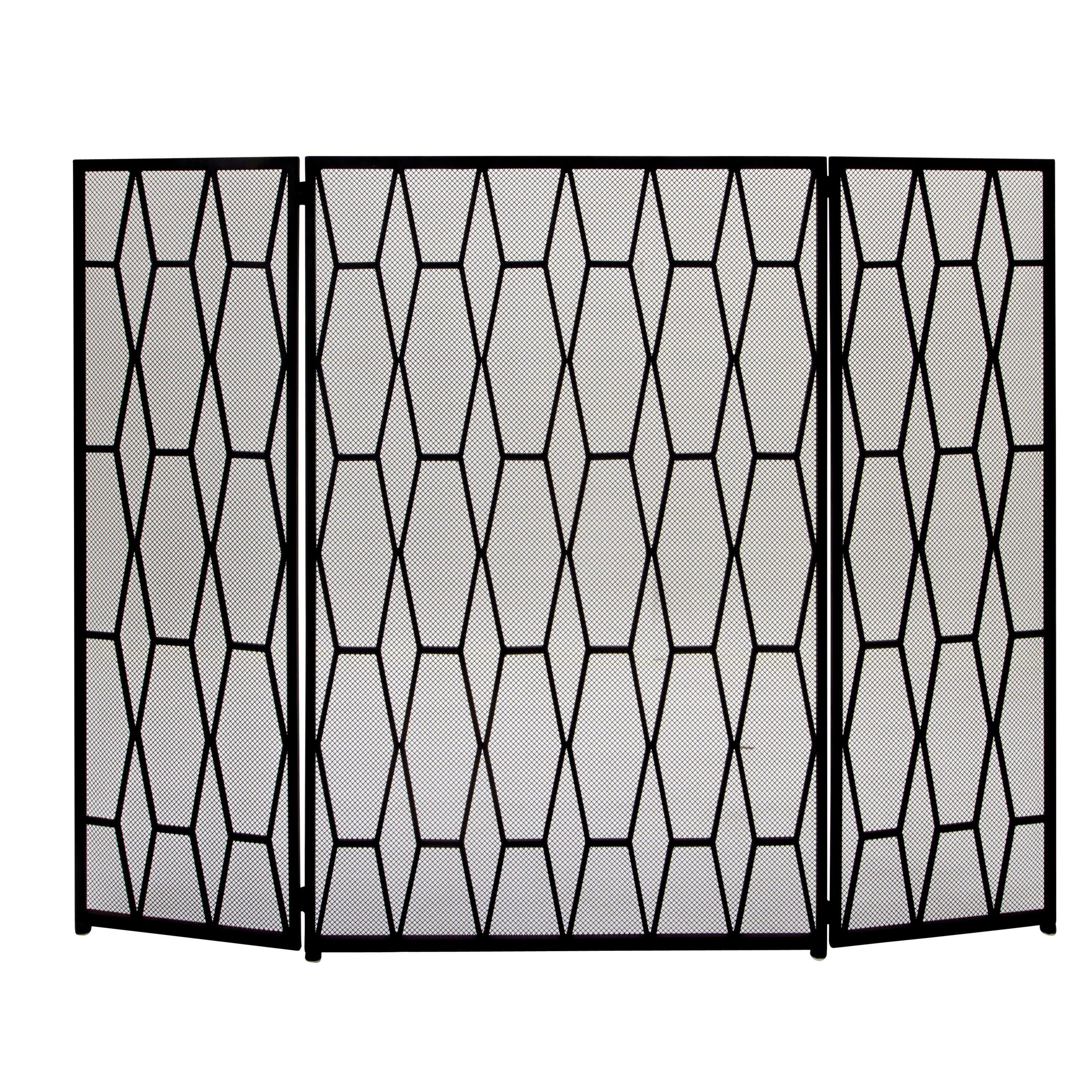 DecMode 51" x 31" Black Metal Foldable 3 Panel Geometric Fireplace Screen with Mesh Netting, 1-Piece