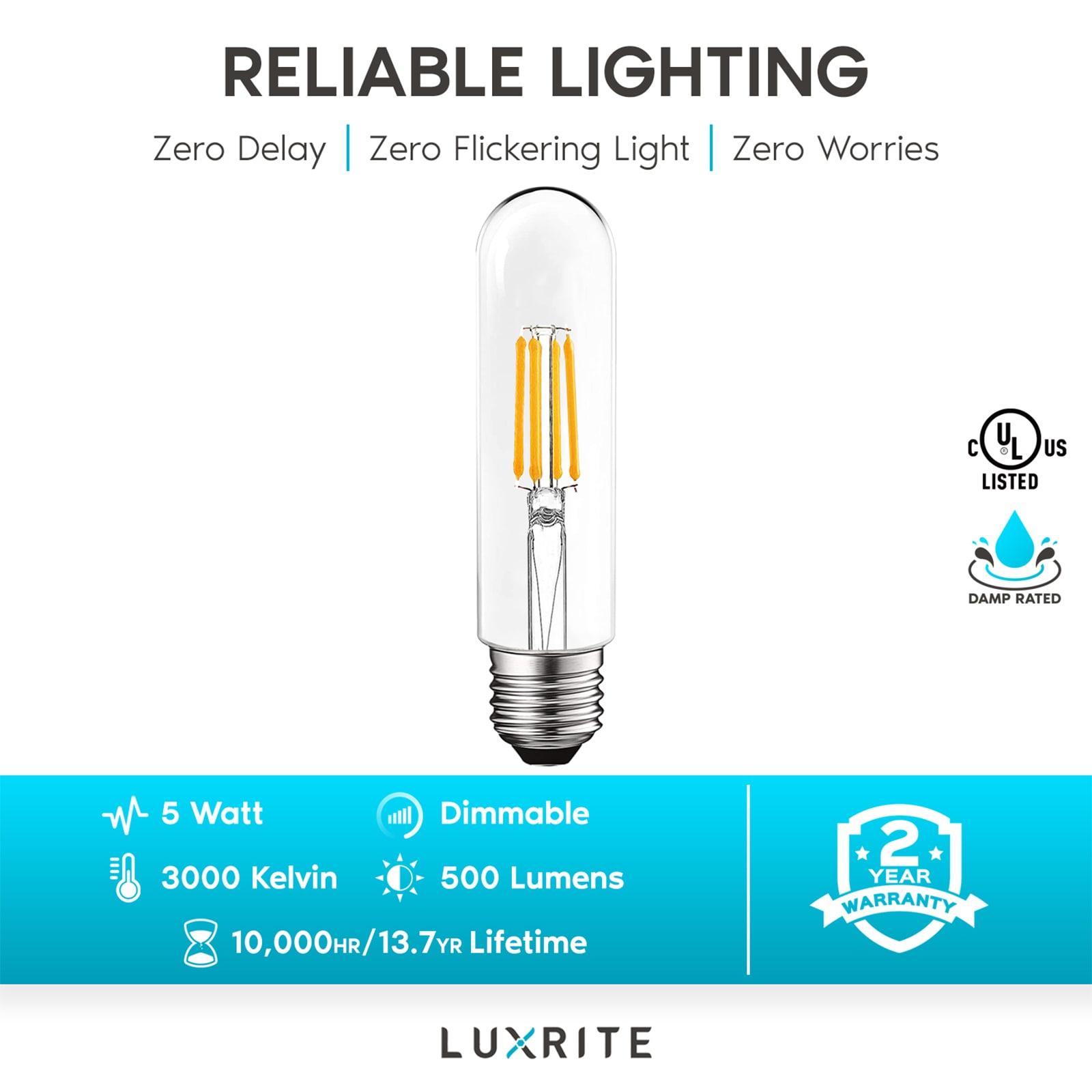 Luxrite 6-Pack T10 LED Bulb 5W=60W 3000K Soft White Edison Bulb 500 Lumens Tubular Light Bulb Damp Rated UL Listed E26