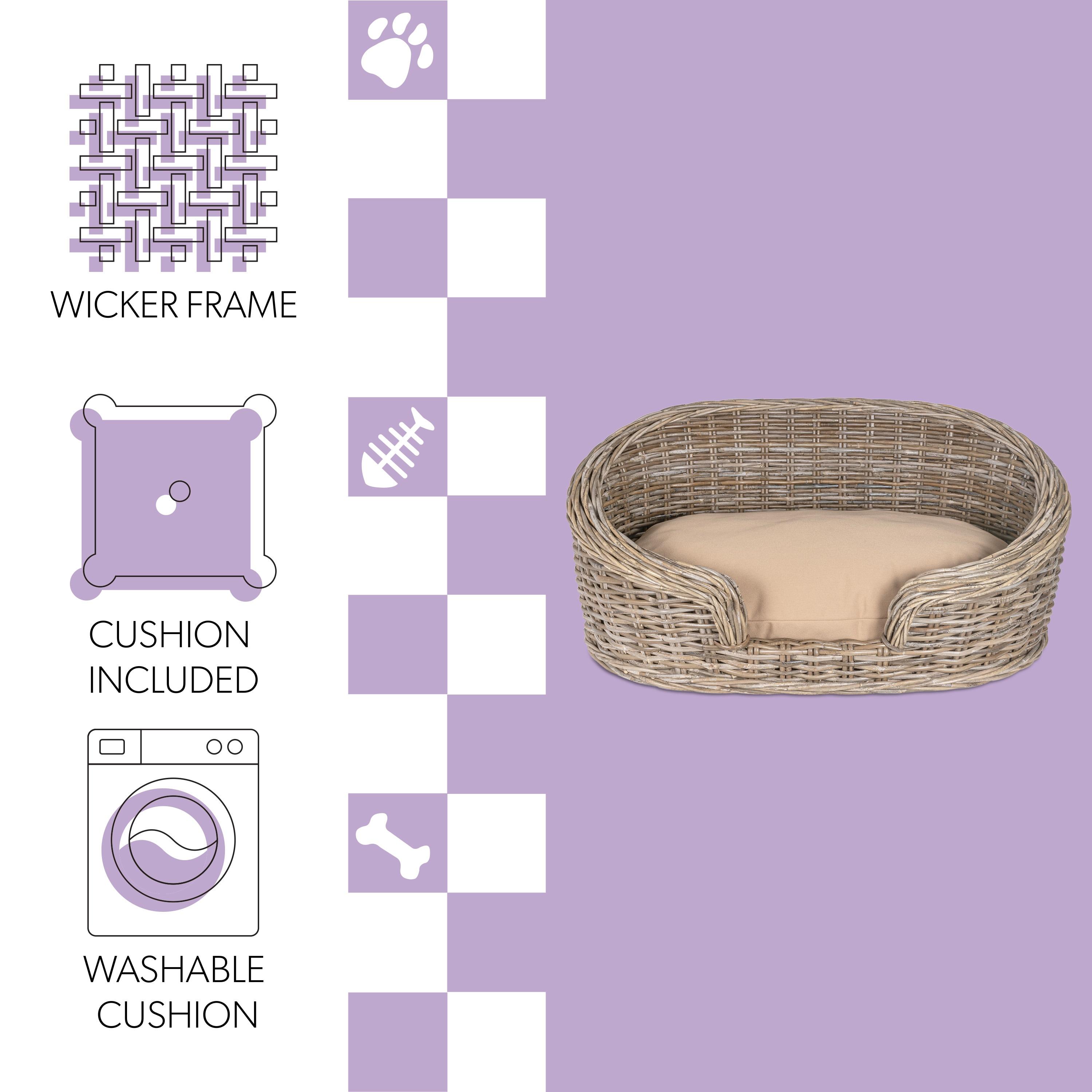 THE LICKER STORE Curvy 33" x 21.25" Classic Handwoven Rattan Dog Bed with Machine-Washable Cushion, Kubu Gray