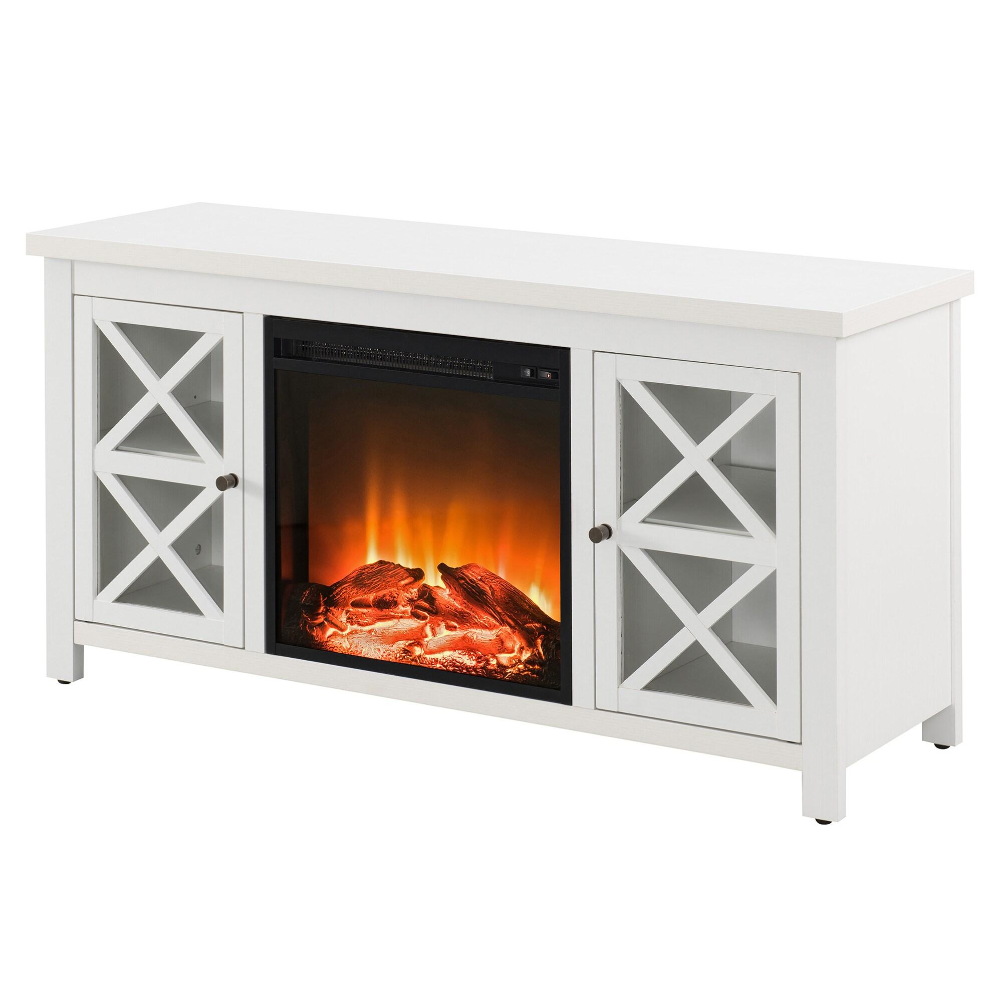 Evelyn&Zoe Colton Rectangular TV Stand with Log Fireplace for TV's up to 55", White