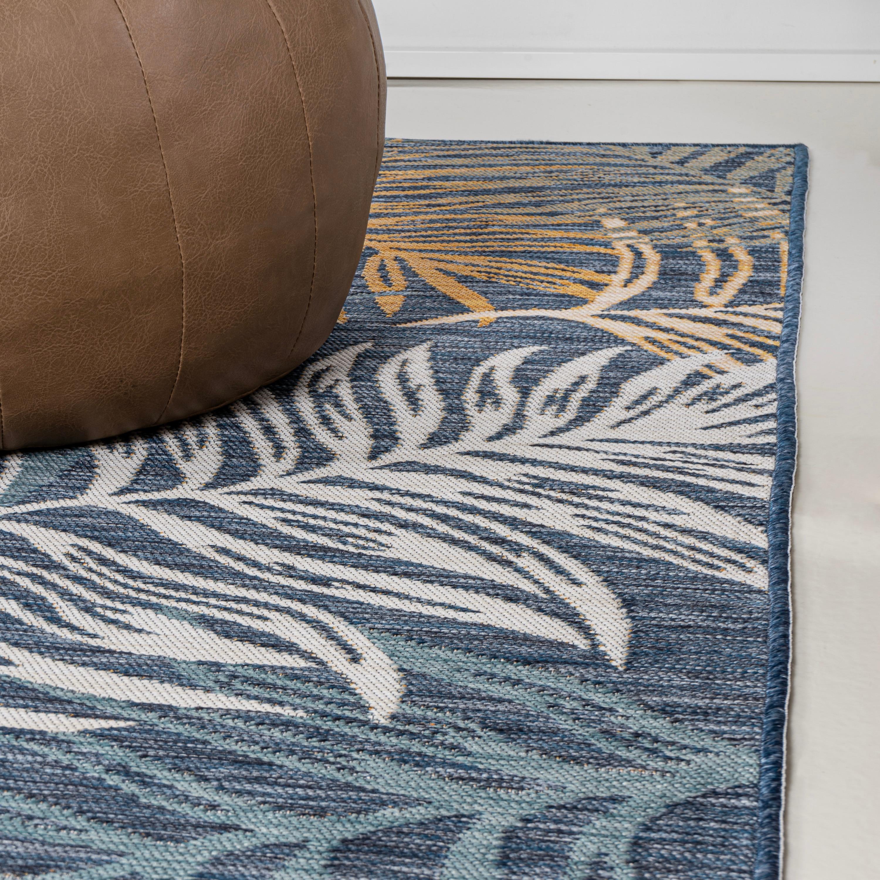 JONATHAN Y Calypso Coastal Casual Palm Frond Reversible Machine-Washable Cream/Navy 5 ft. x 8 ft. Indoor/Outdoor Area Rug