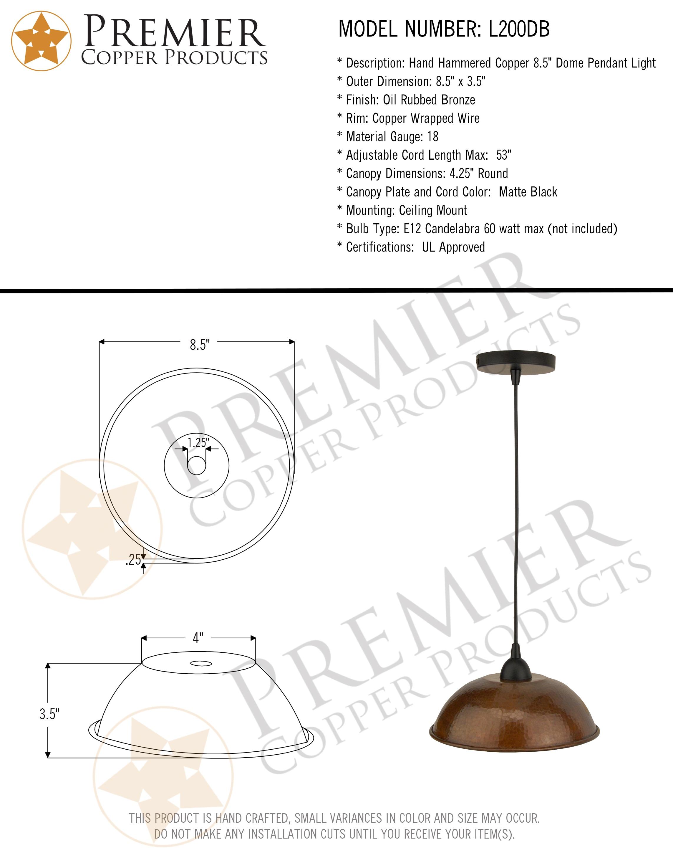 Premier Copper Products L200db Hammered Copper 8-1/2" Wide Mini Pendant - Bronze