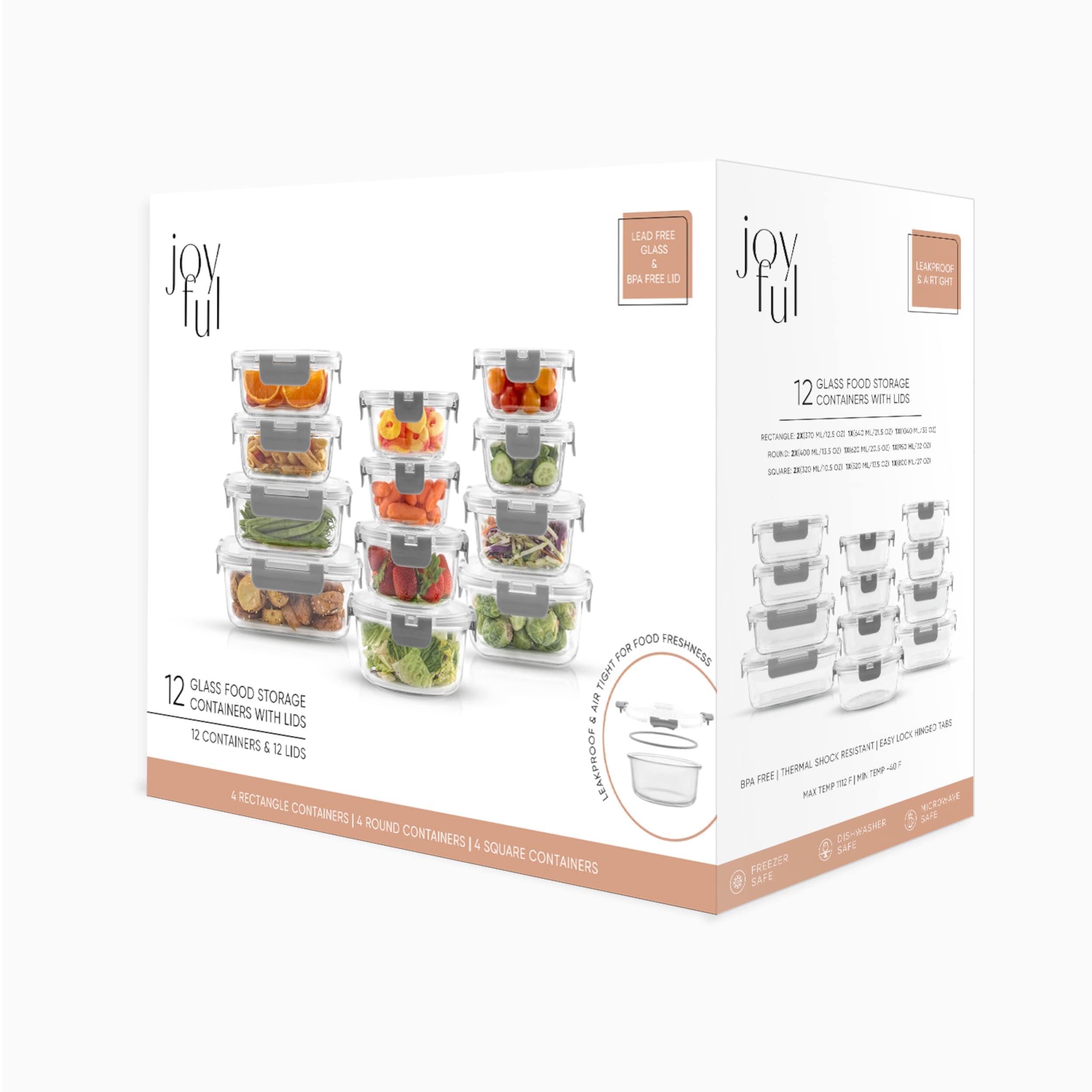 JoyJolt 24-Piece Glass Food Storage Container Set with Leakproof Lids, Light Grey (Set of 5)