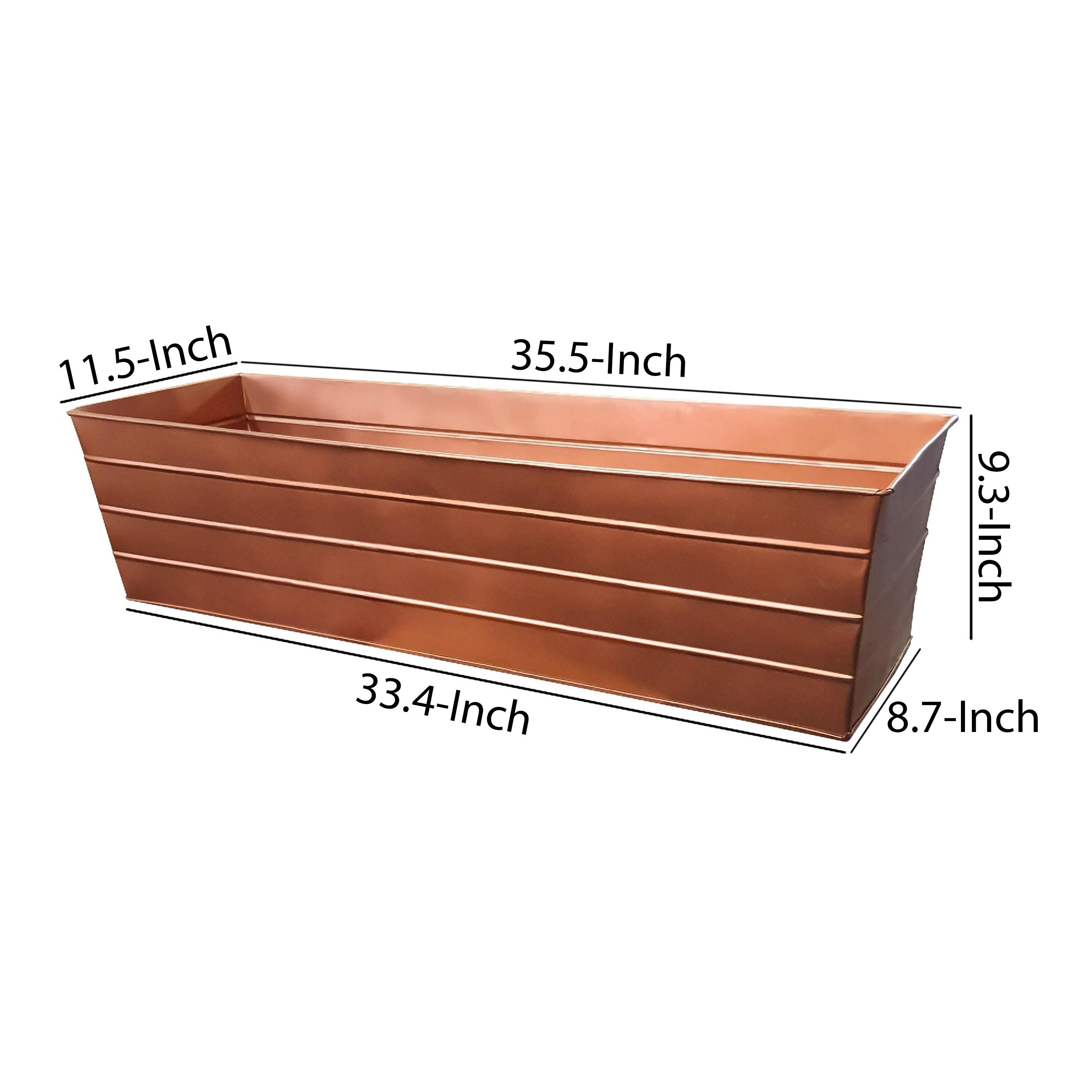 Benjara Rectangular Metal Flower Planter Box with Embossed Line Design, Large, Copper