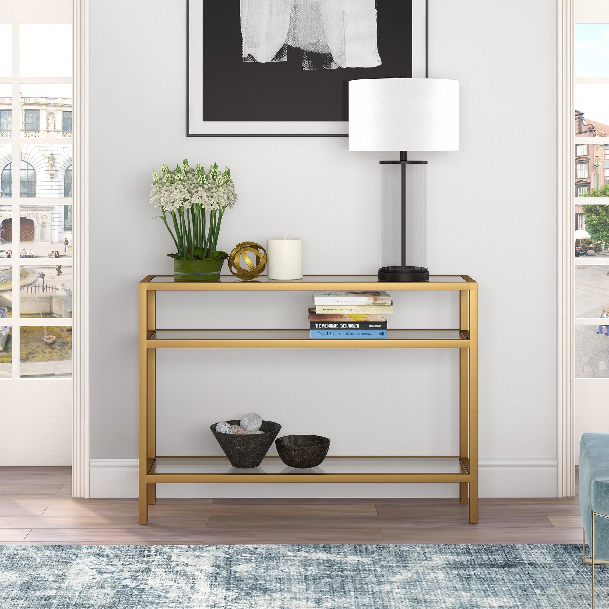 Henn&Hart 42" Brass Finish Metal/Glass Console Table