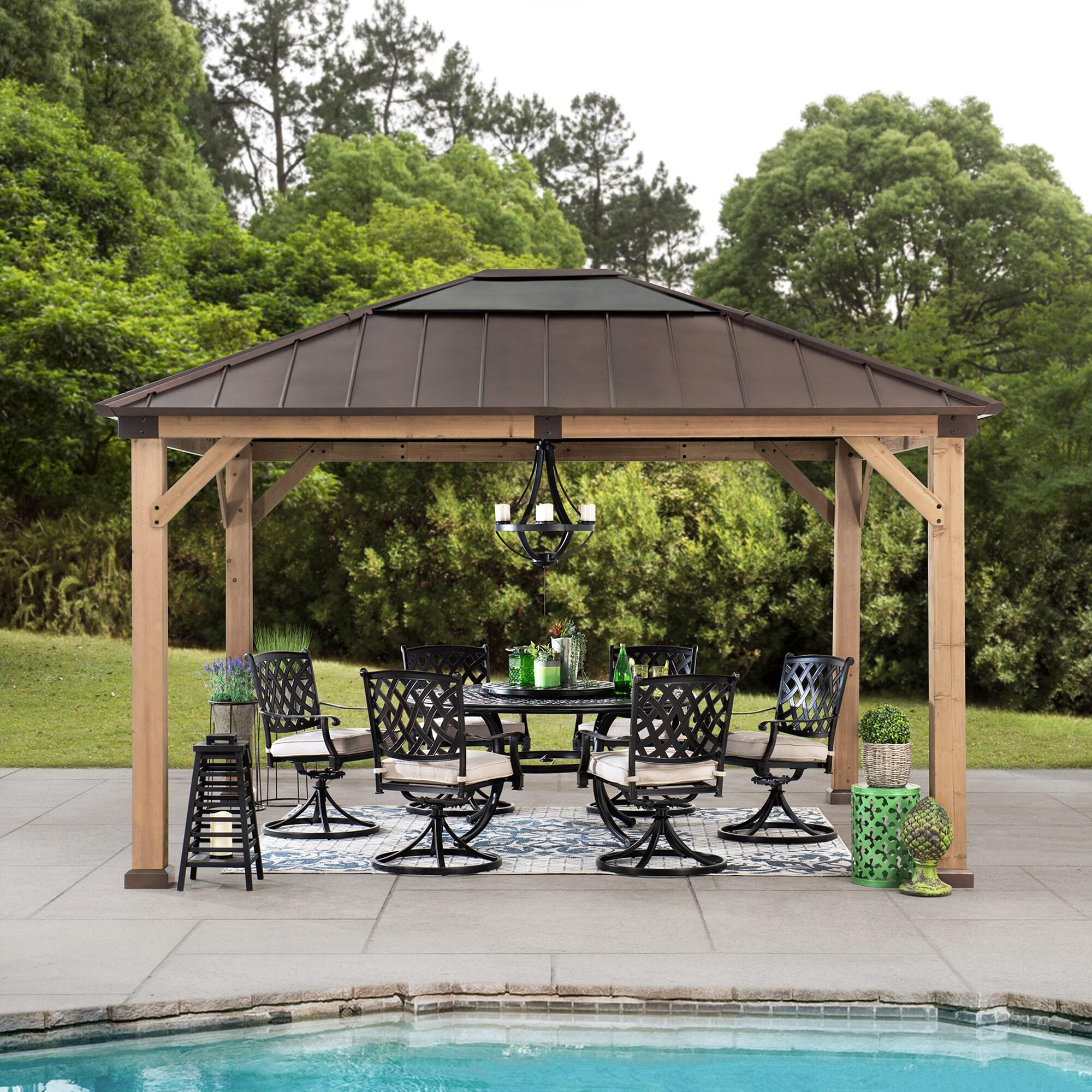 Sunjoy Hardtop Gazebo 11 x 13 ft. Upgrade Cedar Framed Wood Gazebos with Brown Steel and Polycarbonate Hip Roof Hardtop for Garden, Backyard Shade,