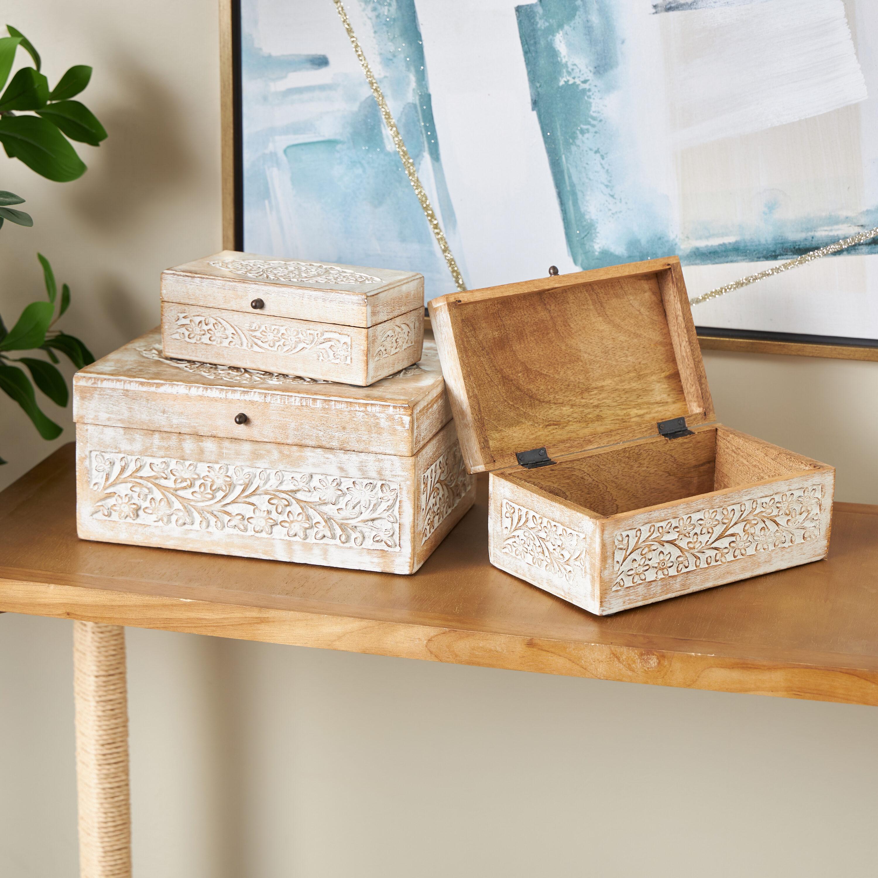 Set of 3 Natural Mango Wood Whitewashed Carved Design Boxes with Lid - Olivia & May