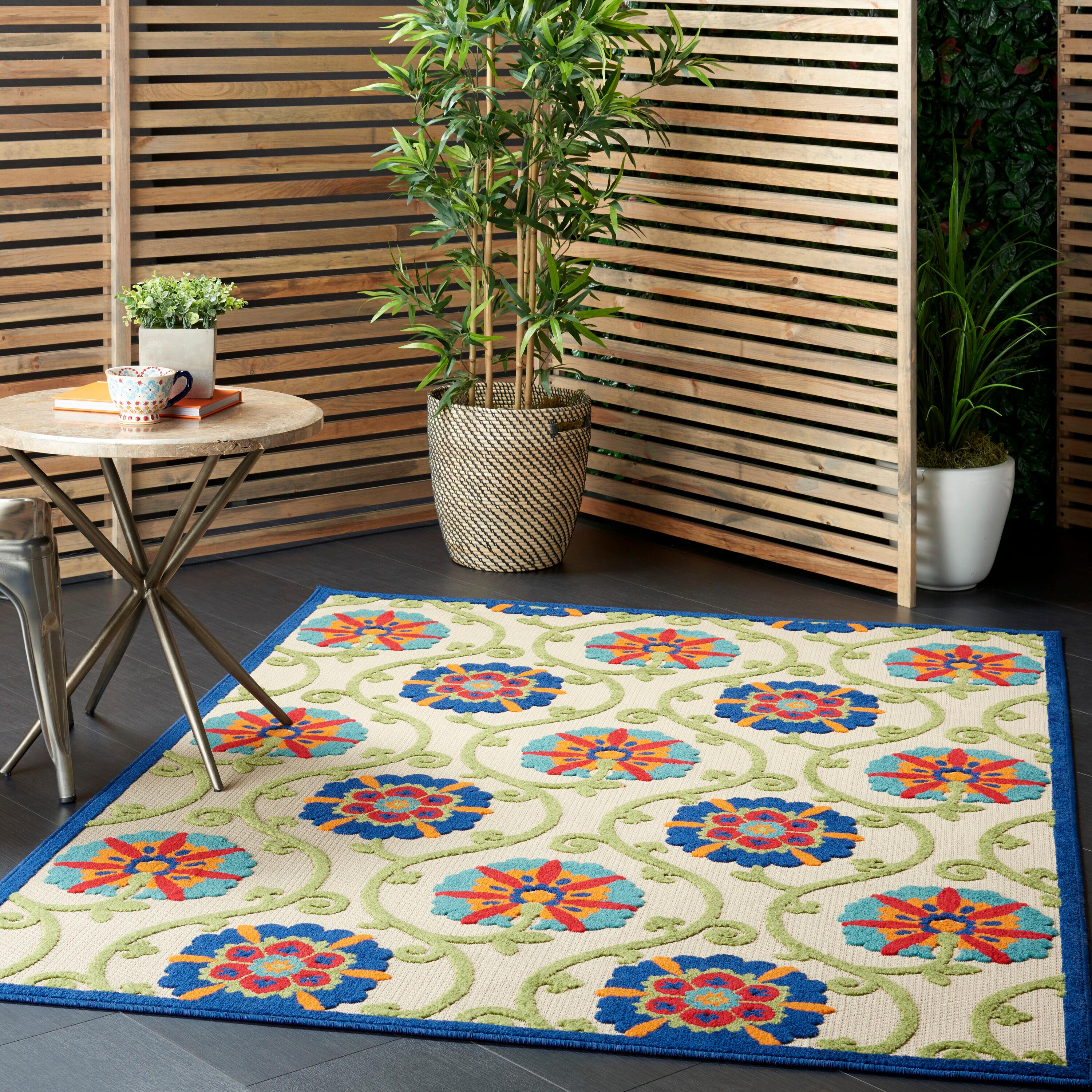 Nourison Aloha Contemporary Floral Flatweave High-Low Indoor Outdoor Area Rug Blue/Multicolor 3'6" x 5'6"