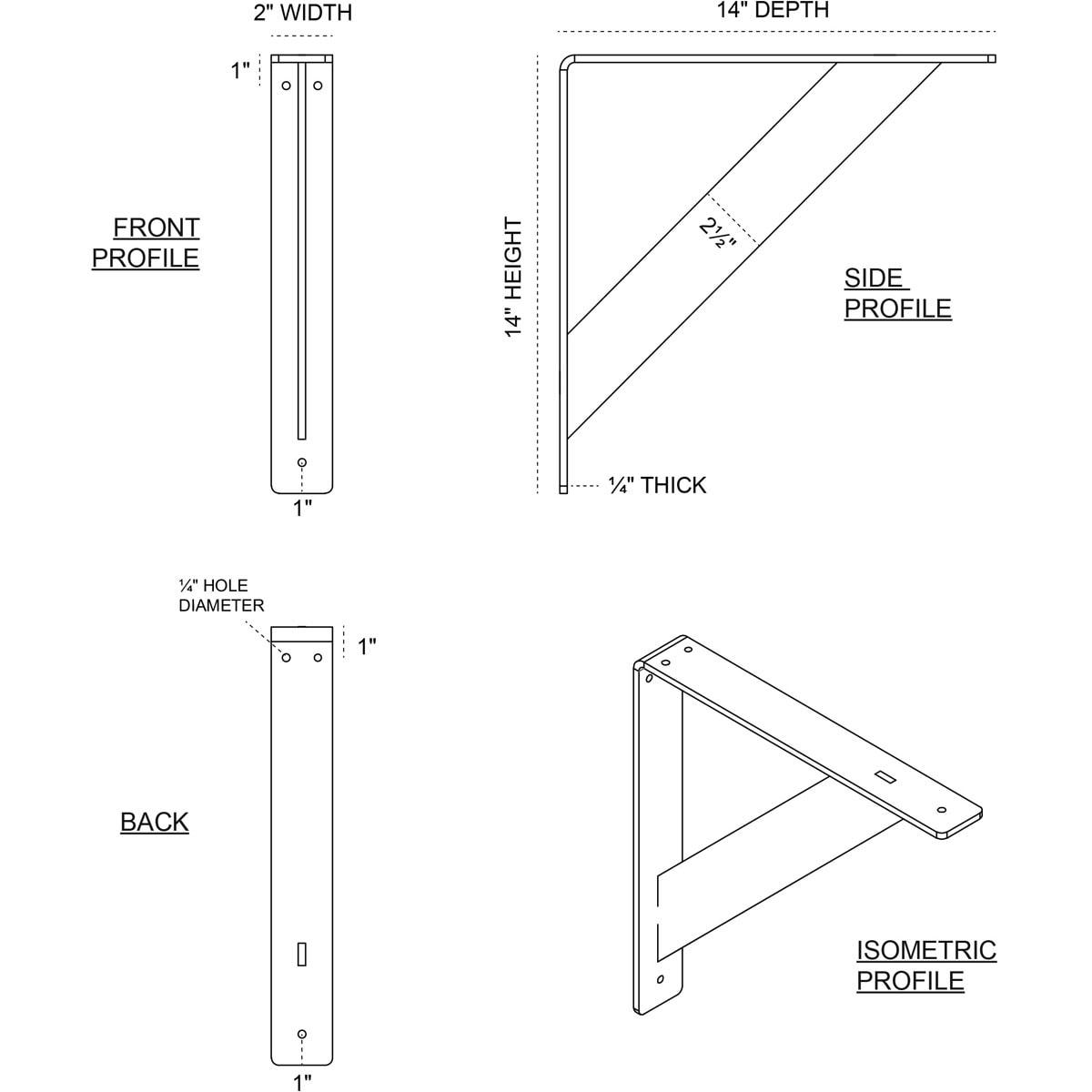 Ekena Millwork 2"W x 14"D x 14"H Traditional Steel Bracket, Unfinished