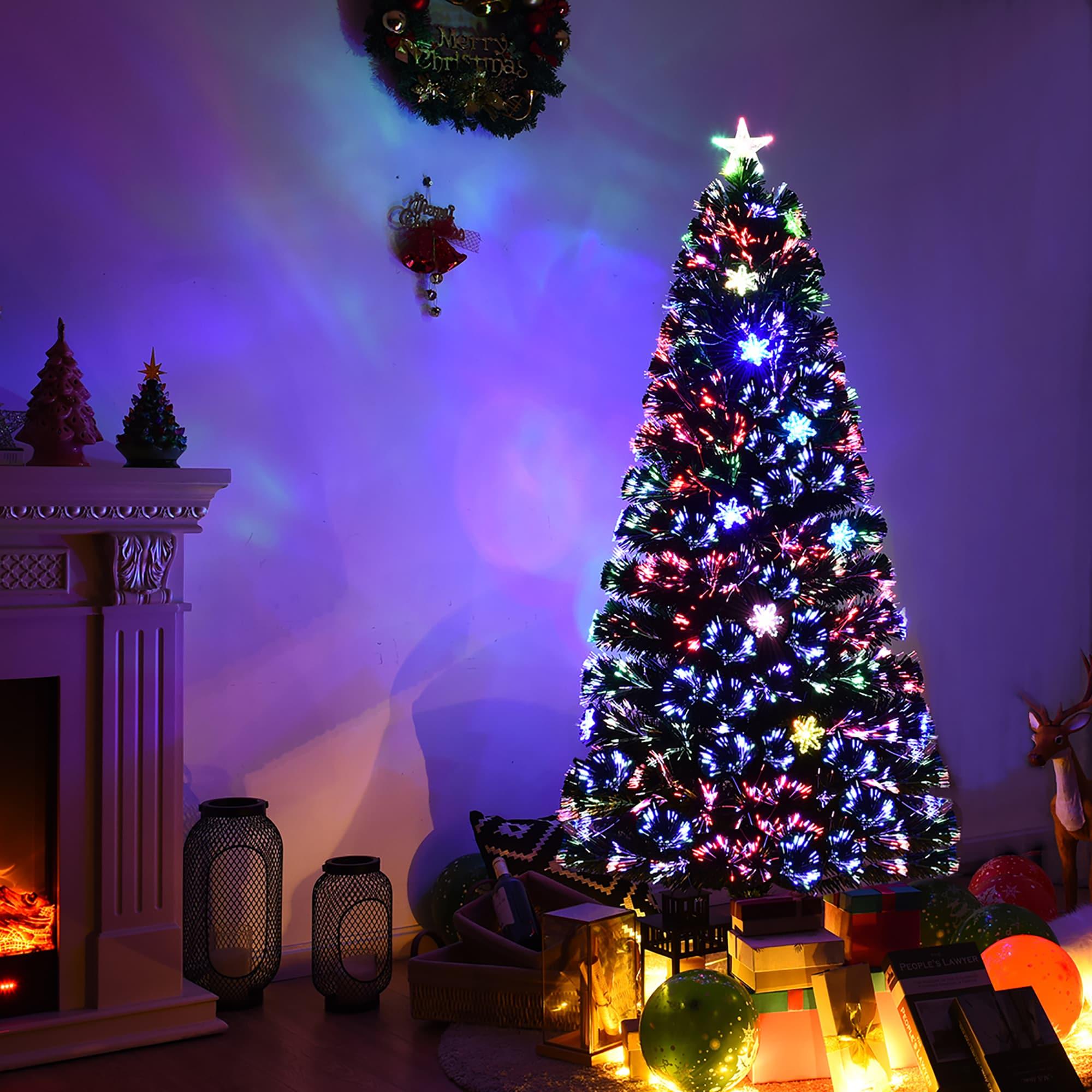 Tangkula 5'Pre-Lit Optical Fiber Artificial Christmas Tree w/ Multicolor LED Lights Snowflakes