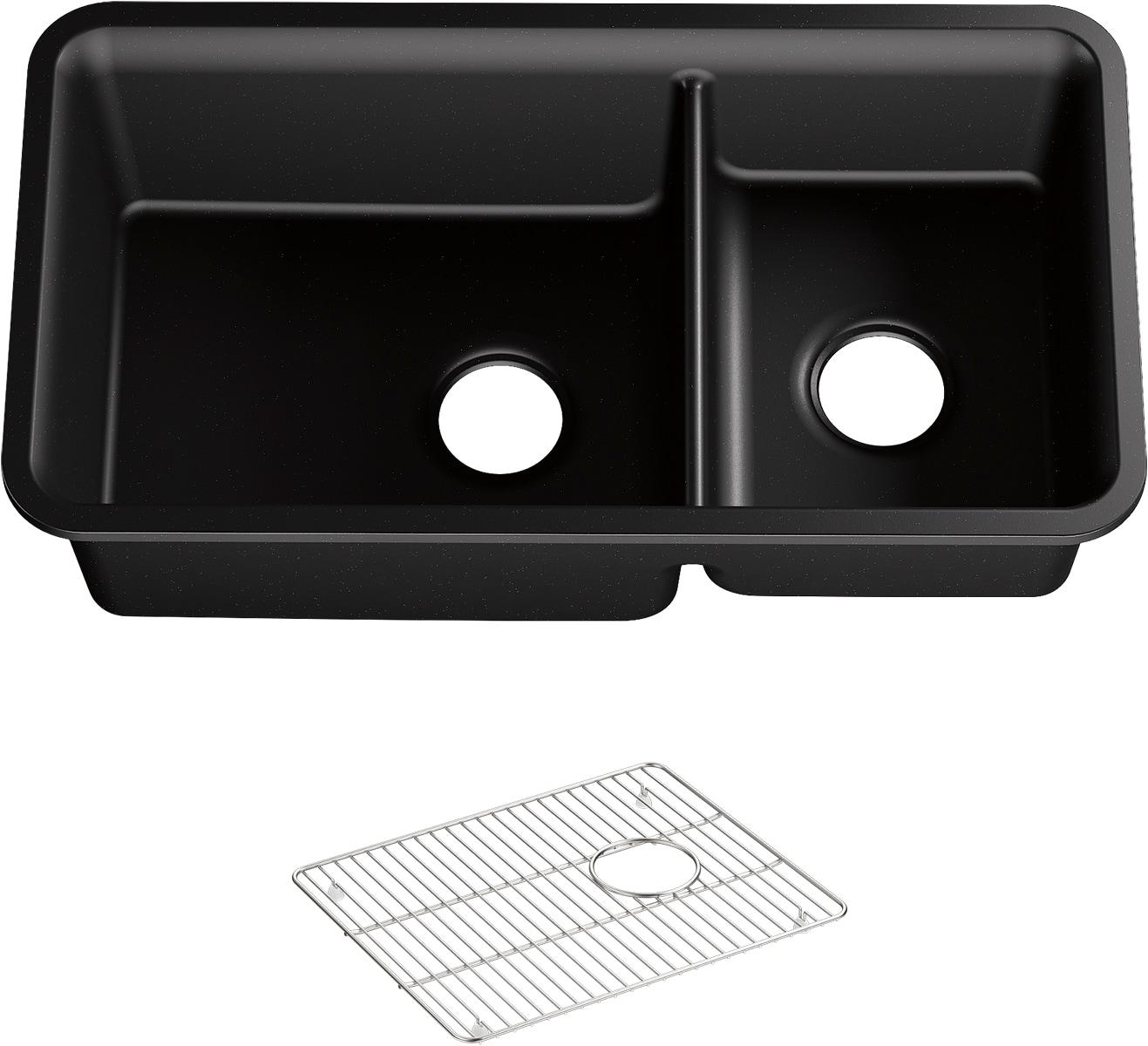 KOHLER K-8204-CM1 Cairn Sink, 33" Neoroc Composite Undermount Double-Bowl Kitchen Sink, Composite Kitchen Sink with Sink Rack, Matte Black