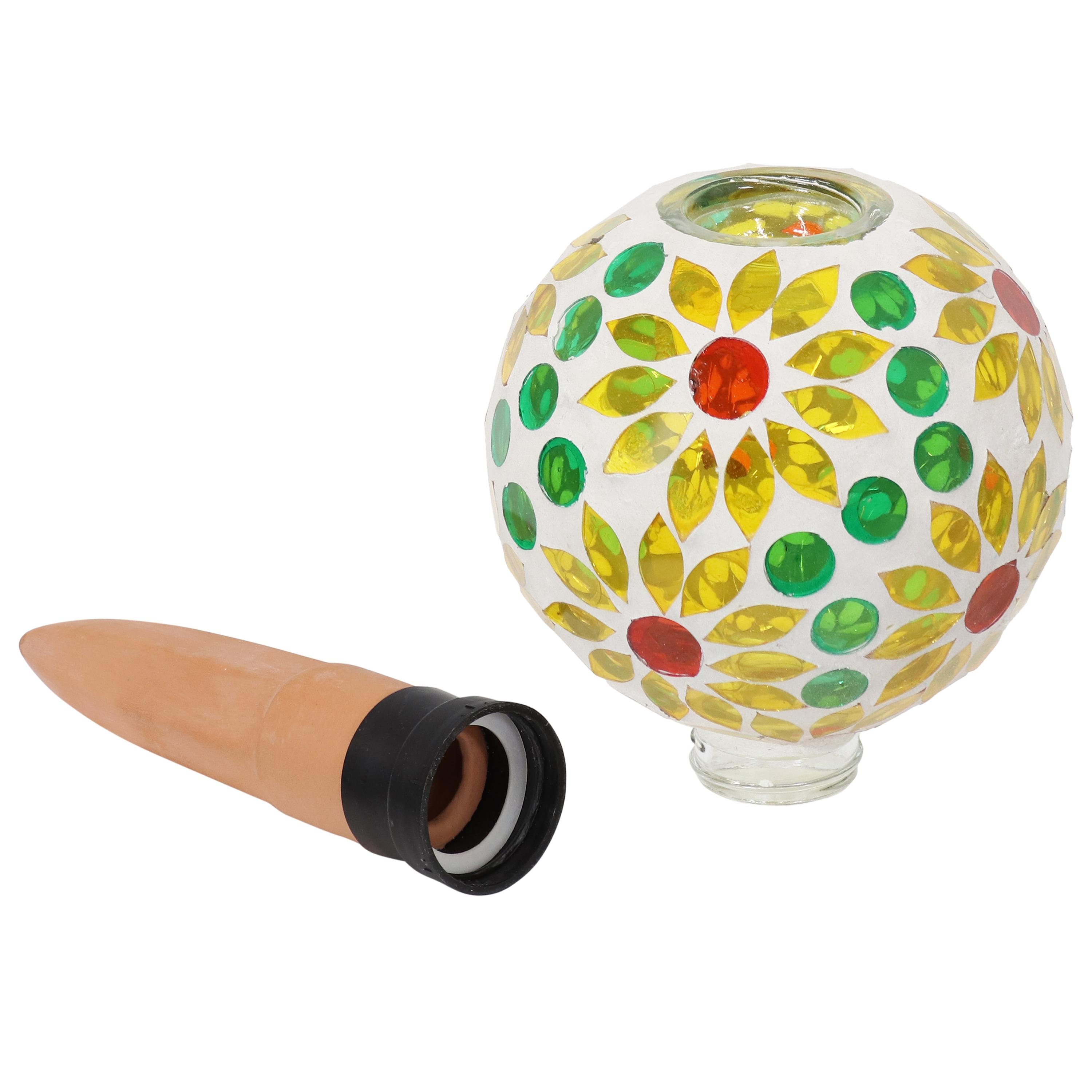 Sunnydaze Outdoor Mosaic Glass Watering Globe with Clay Spike for Planters - 9.5" - Bright Blooms