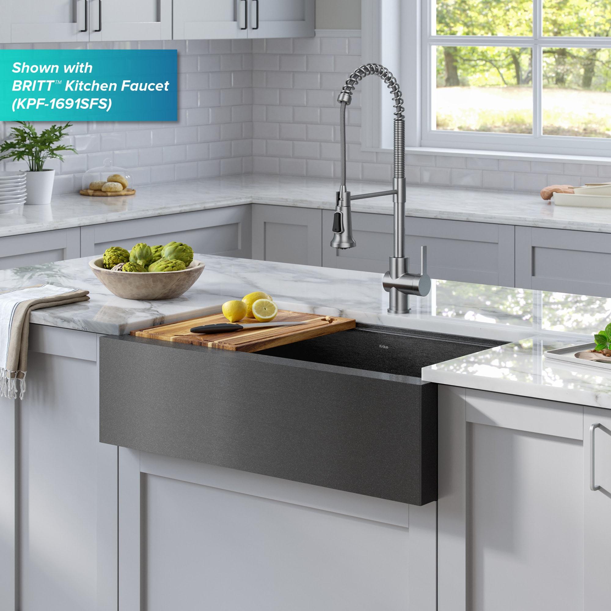 KRAUS Kore™ Workstation 33" L Farmhouse Modern Flat Apron Front 16 Gauge Black Stainless Steel Single Bowl Kitchen Sink