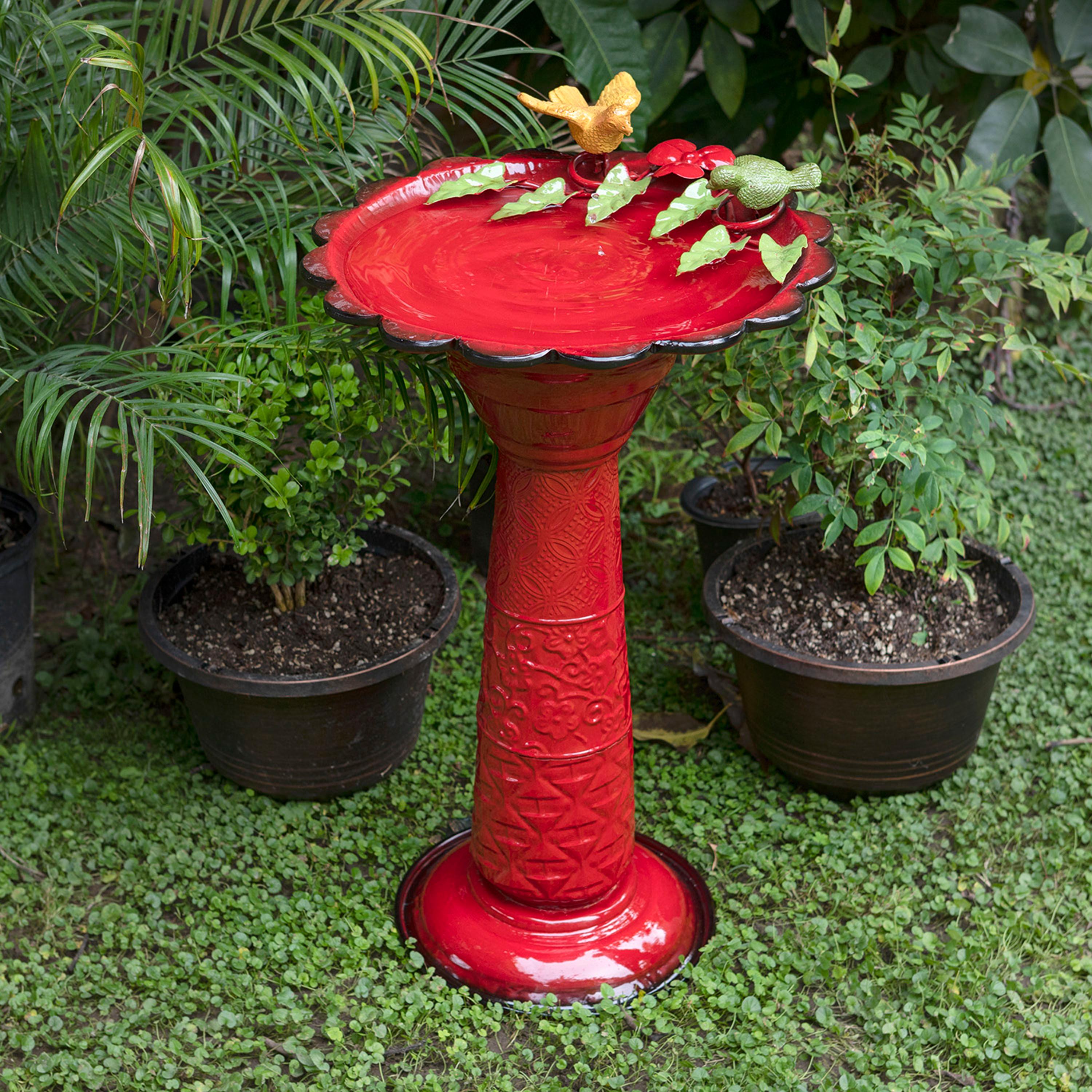 Alpine Corporation 28-Inch Metal Bird Bath with Birds and Leaves, Red