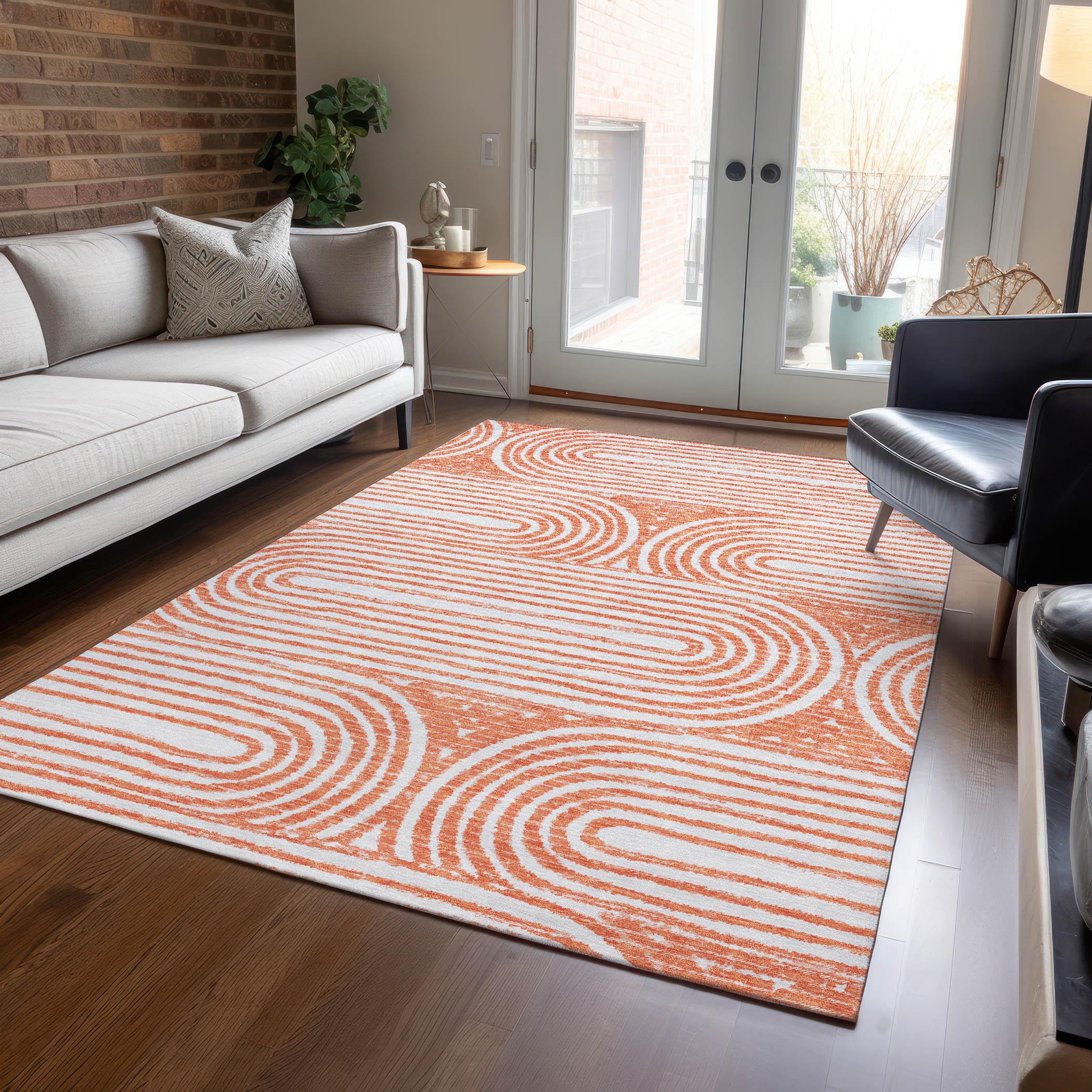 Salmon and White Abstract 10' x 14' Washable Area Rug