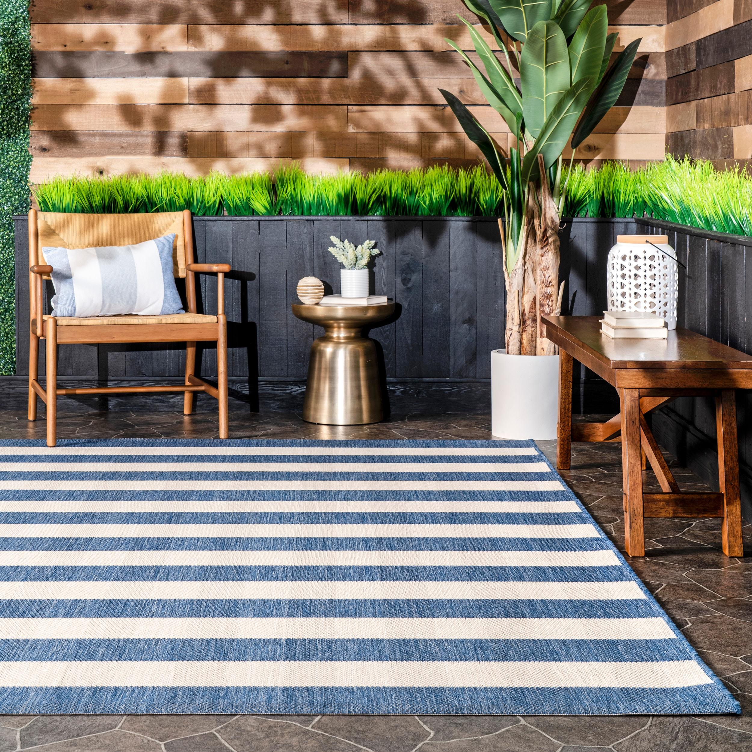 Nuloom Alexis Striped 2x8 Indoor/Outdoor Runner Rug for Living Room Patio Deck Front Porch Entryway Hallway Kitchen, Blue/Ivory