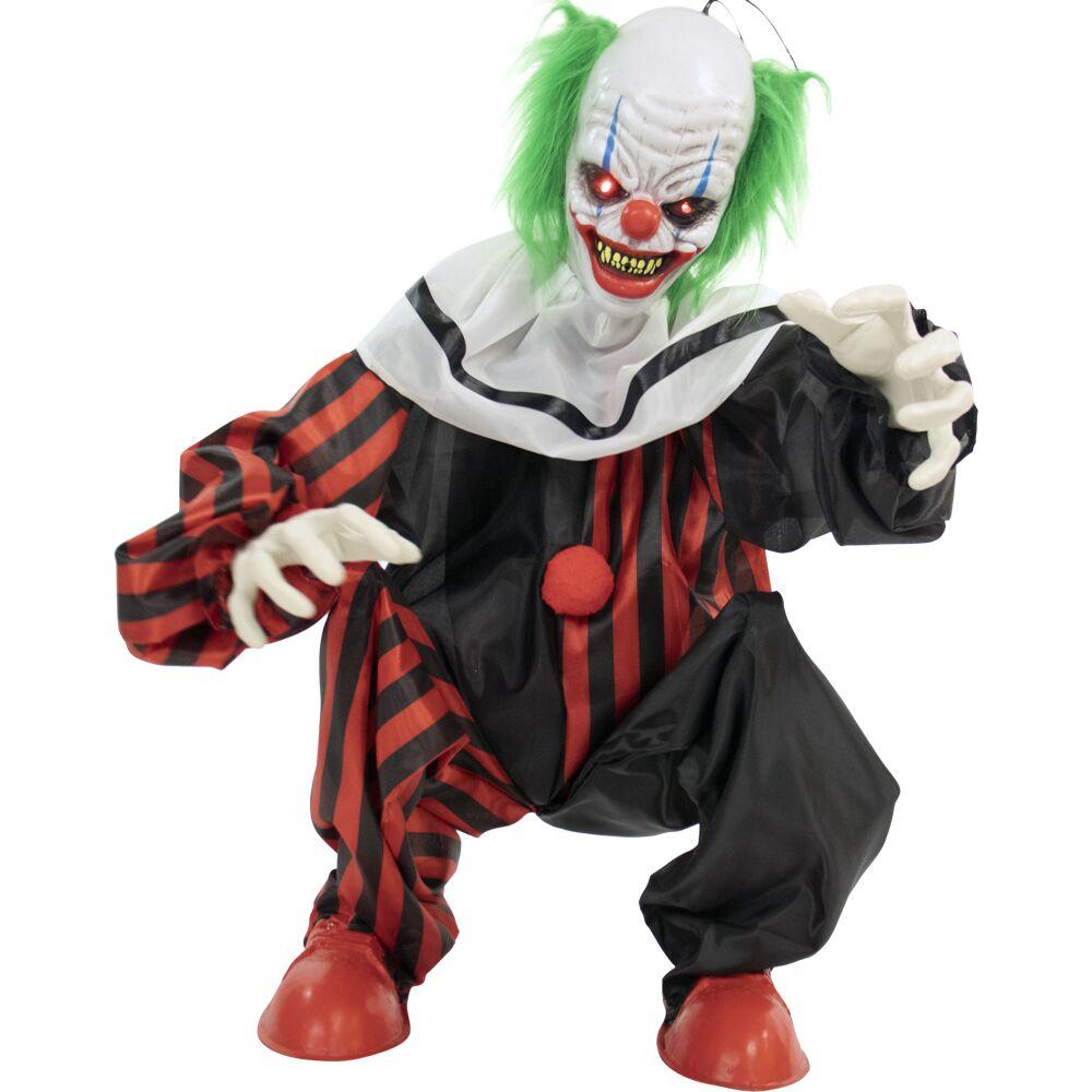 Haunted Hill Farm 32 In. Crouching Clown Creepy Animatronic with Lights and Sound, HHCLOWN-12FLSA